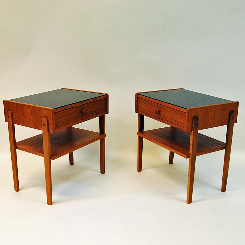 Scandinavian Modern Midcentury Pair of Teak and Glass Top Night Tables, Sweden, 1960s