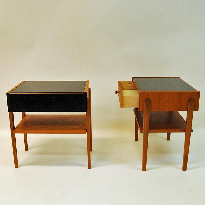 Swedish Midcentury Pair of Teak and Glass Top Night Tables, Sweden, 1960s