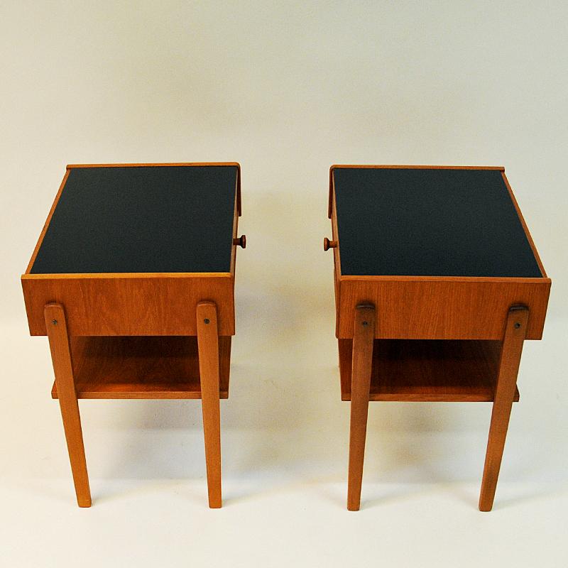 Hand-Painted Midcentury Pair of Teak and Glass Top Night Tables, Sweden, 1960s