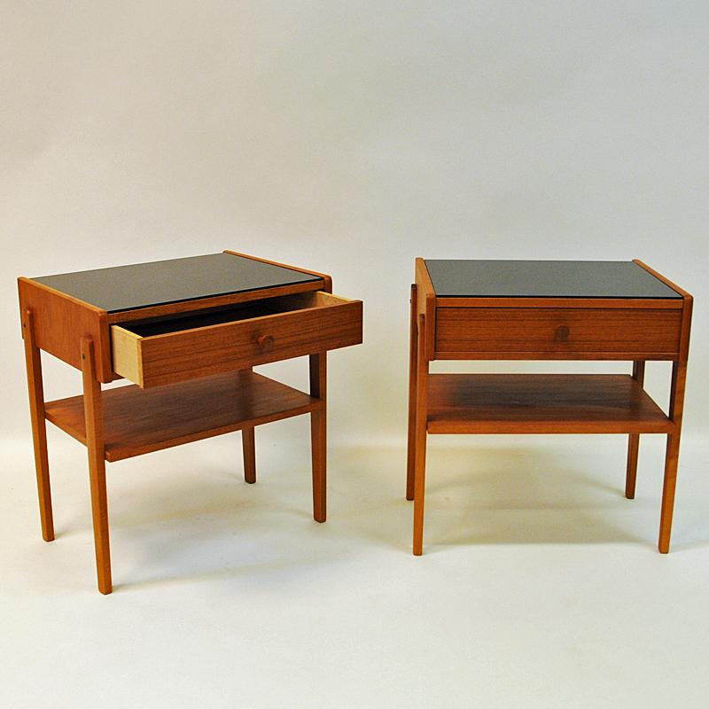 Midcentury Pair of Teak and Glass Top Night Tables, Sweden, 1960s In Good Condition In Stockholm, SE