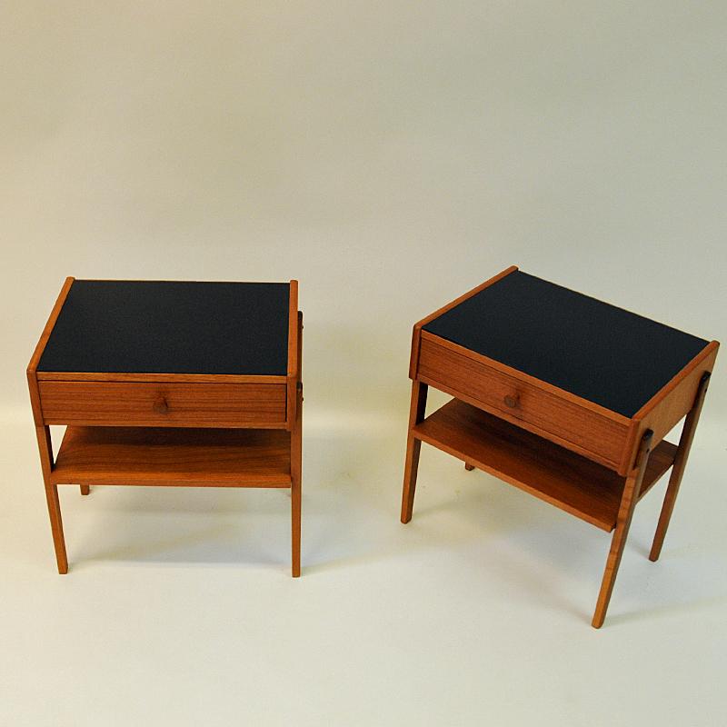 Mid-20th Century Midcentury Pair of Teak and Glass Top Night Tables, Sweden, 1960s