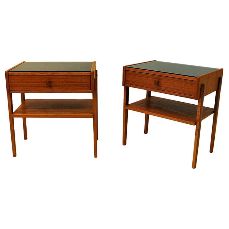 Midcentury Pair of Teak and Glass Top Night Tables, Sweden, 1960s