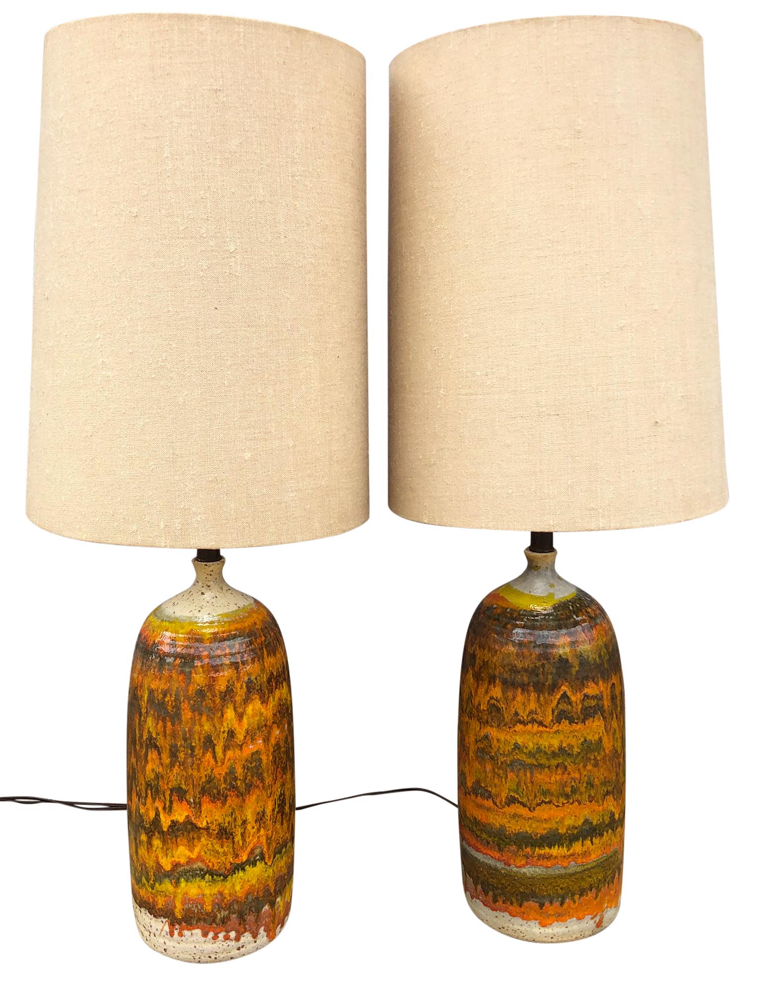Mid-Century Modern Midcentury Pair of Unique Lava Glaze Ceramic Table Lamps