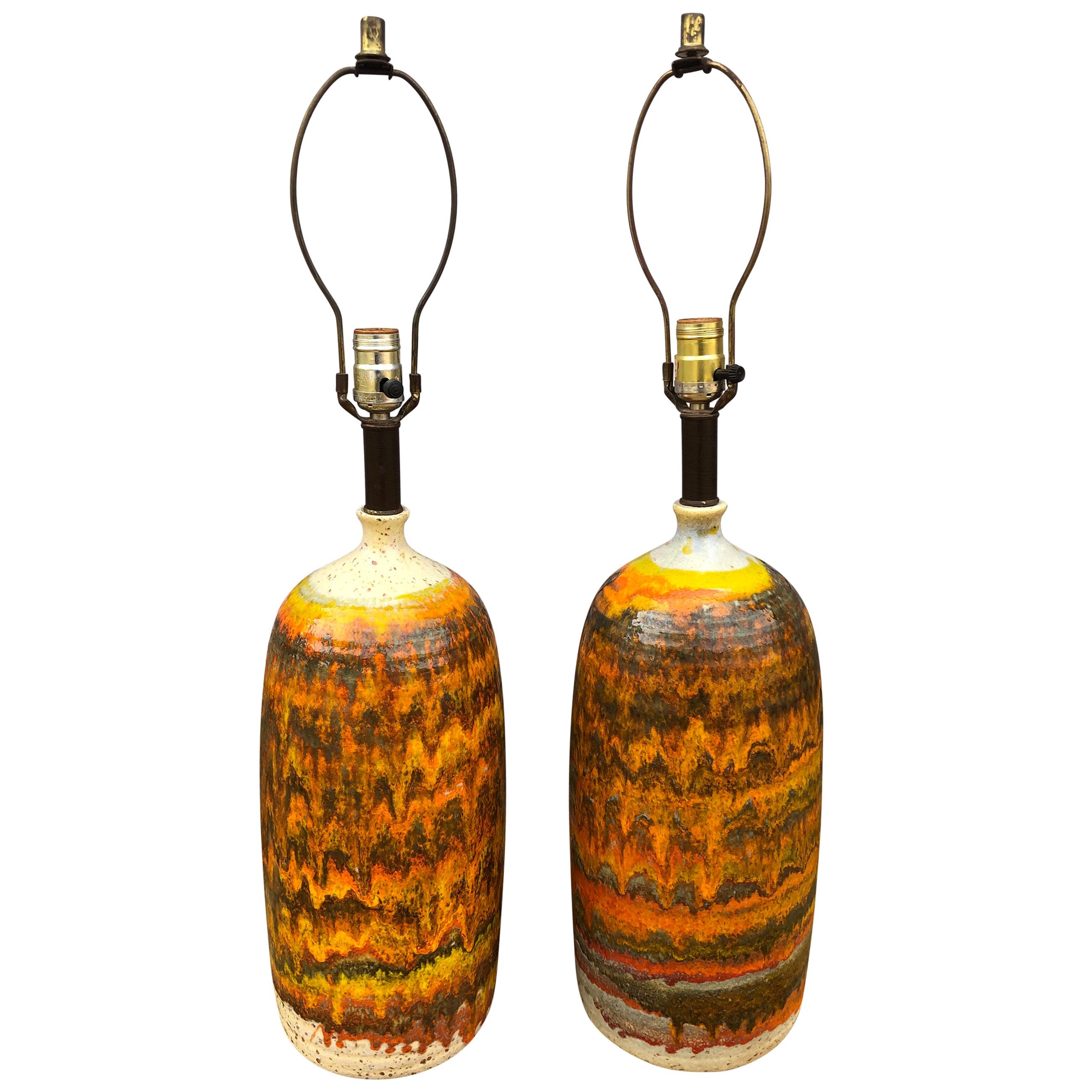 Midcentury Pair of Unique Lava Glaze Ceramic Table Lamps