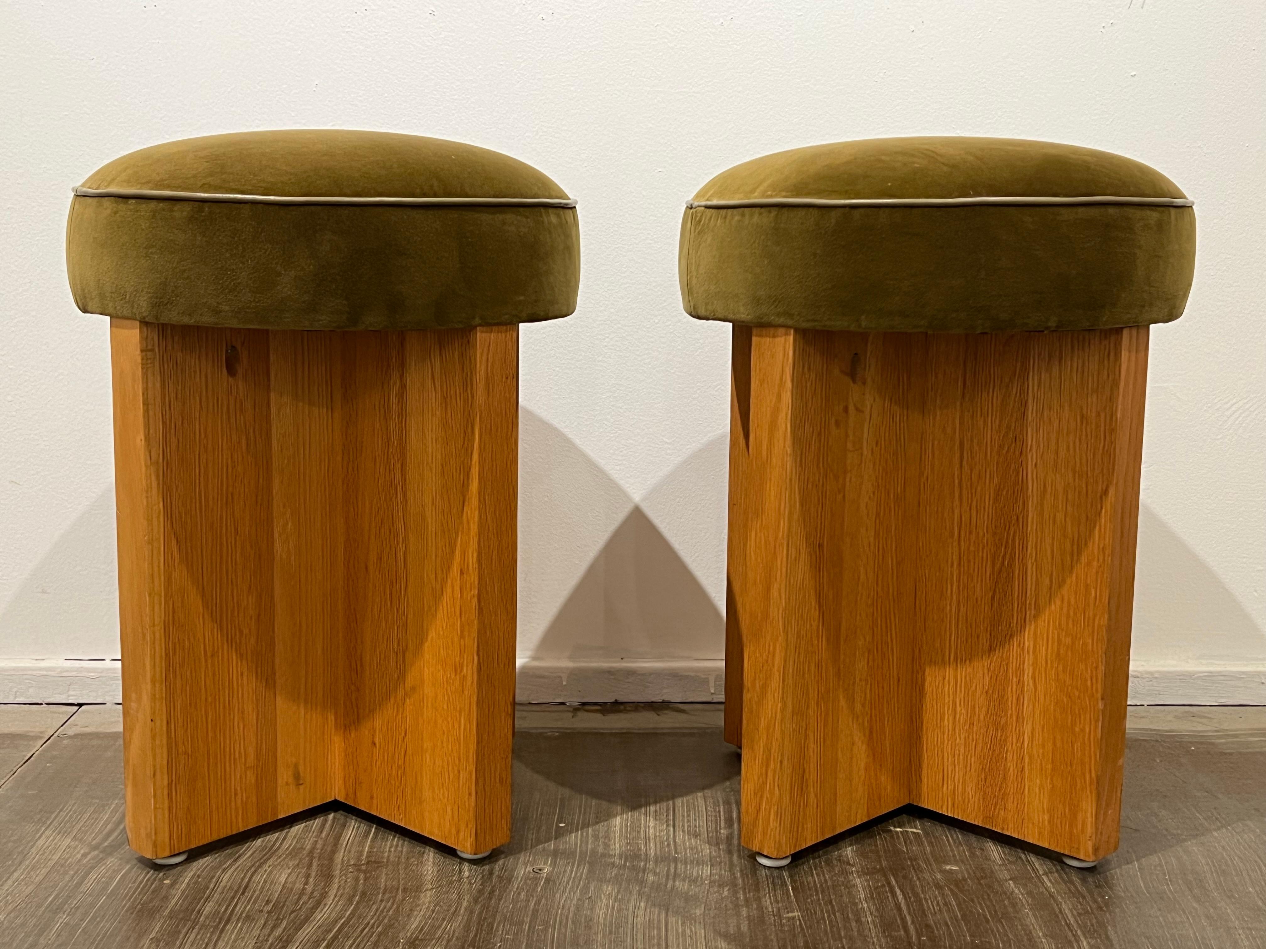 Mid-Century Modern Midcentury Pair of Velvet and Oak Stools For Sale