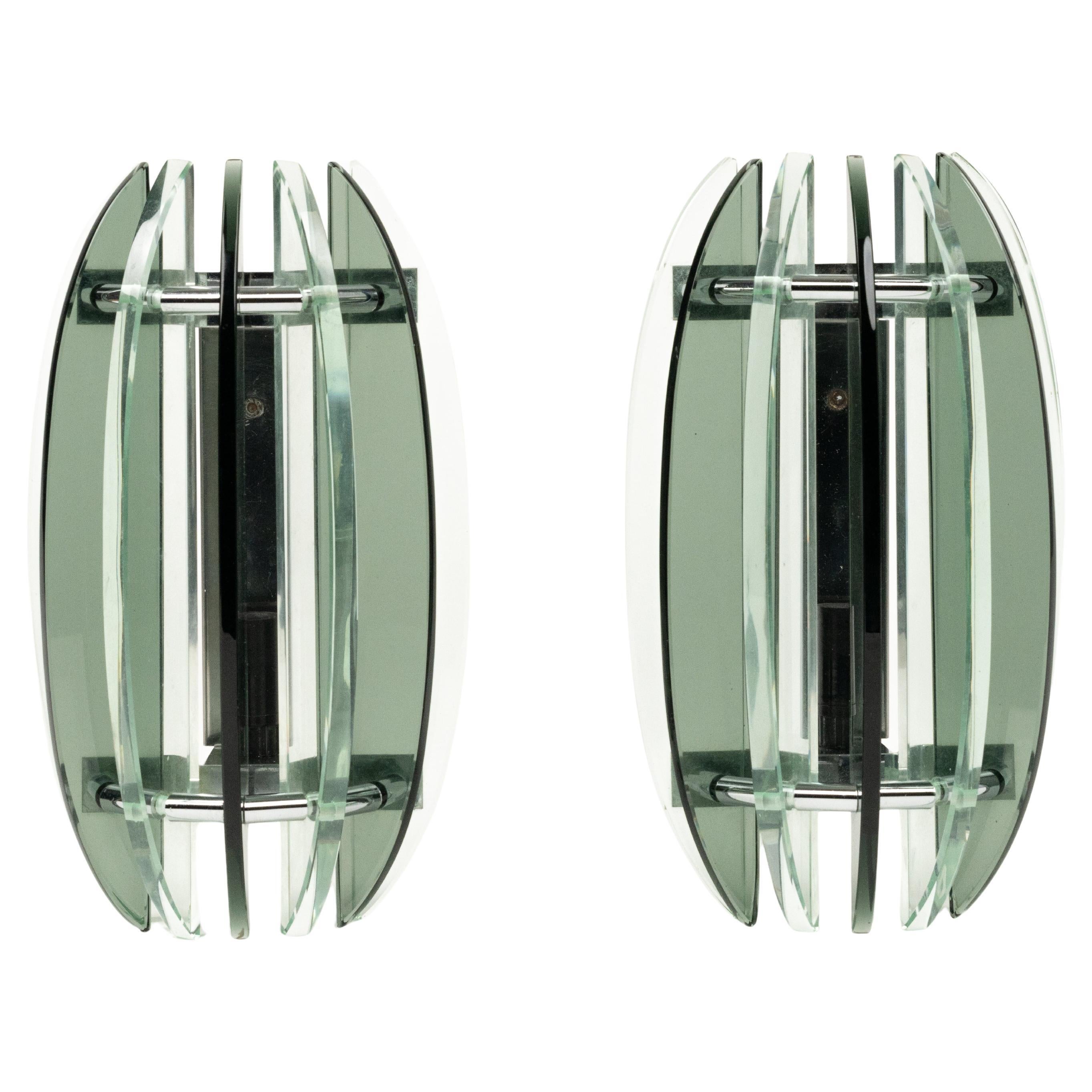 Midcentury Pair of Wall Sconces Glass and Chrome by Veca, Italy, 1970s
