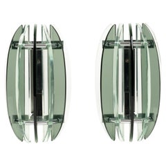 Midcentury Pair of Wall Sconces Glass and Chrome by Veca, Italy, 1970s