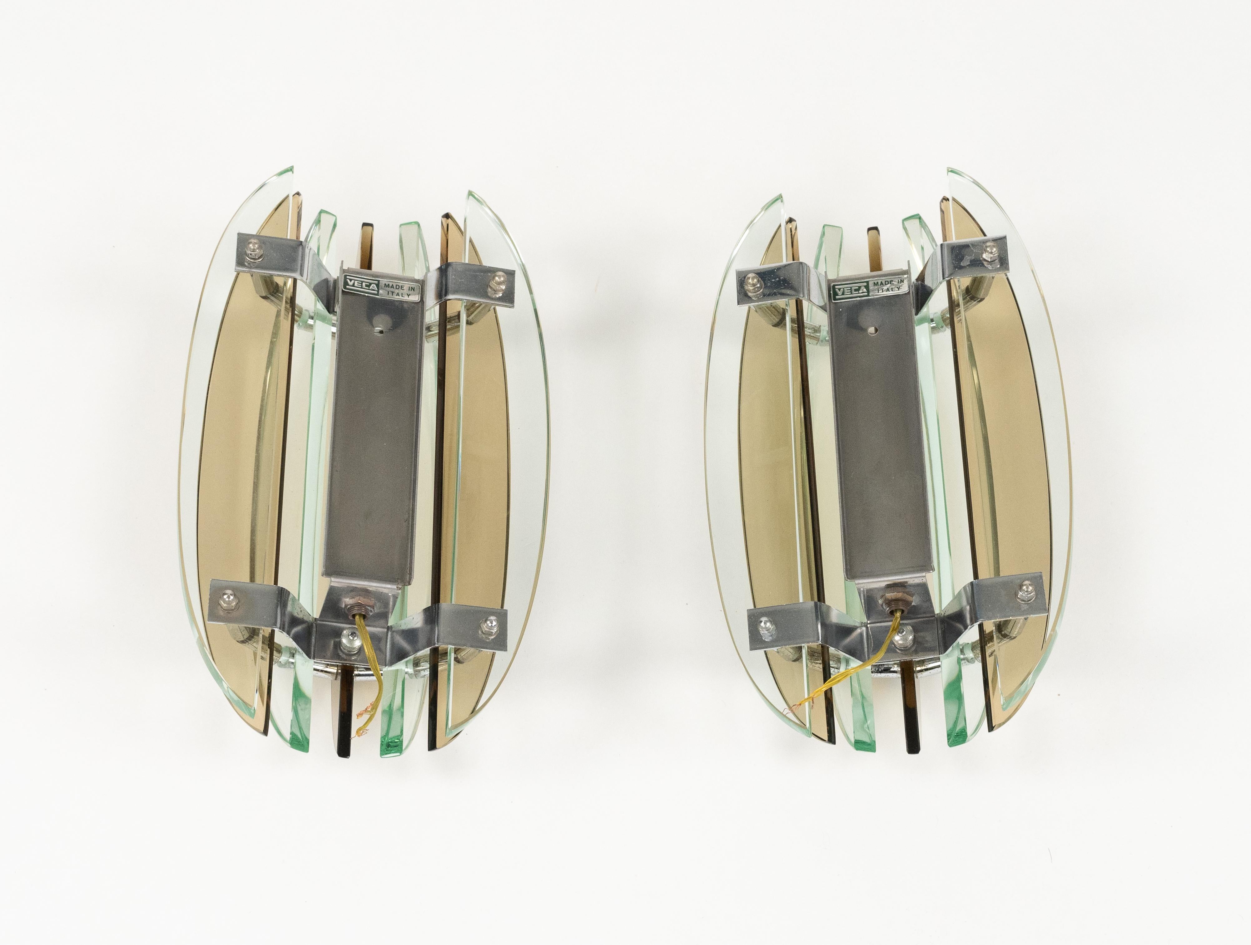 Midcentury Pair of Wall Sconces in Colored Glass & Chrome by Veca, Italy, 1970s 5