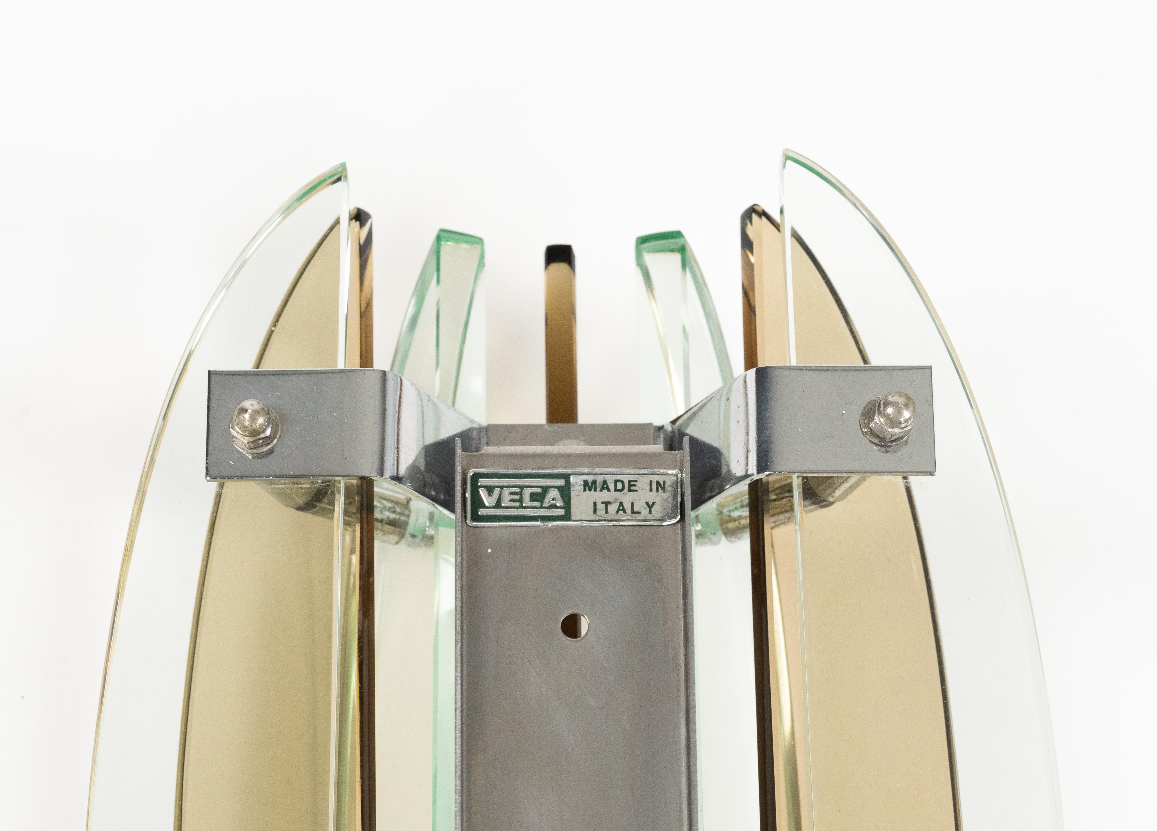 Midcentury Pair of Wall Sconces in Colored Glass & Chrome by Veca, Italy, 1970s 6