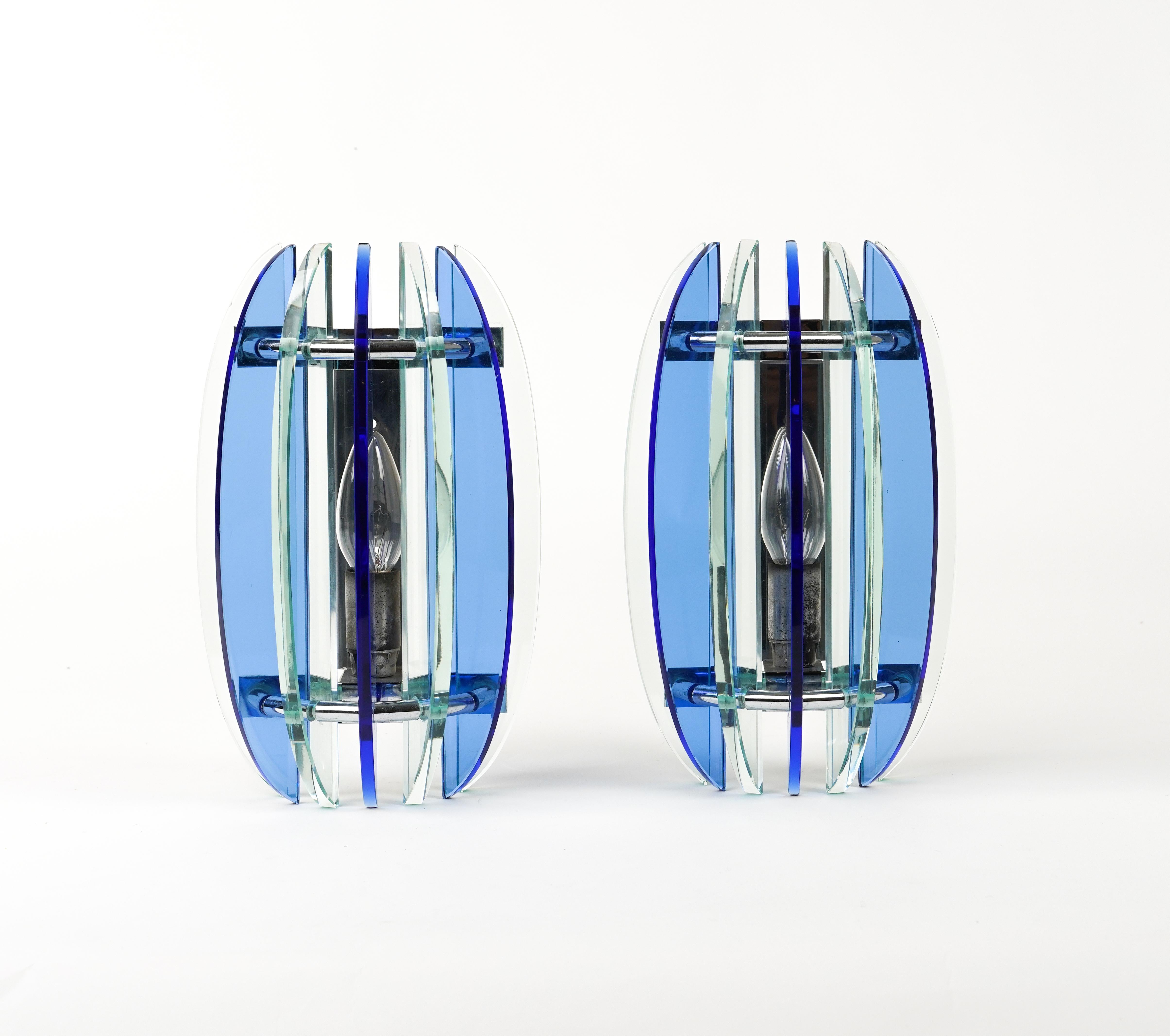 Midcentury Pair of Wall Sconces in Colored Glass & Chrome by Veca, Italy, 1970s For Sale 9