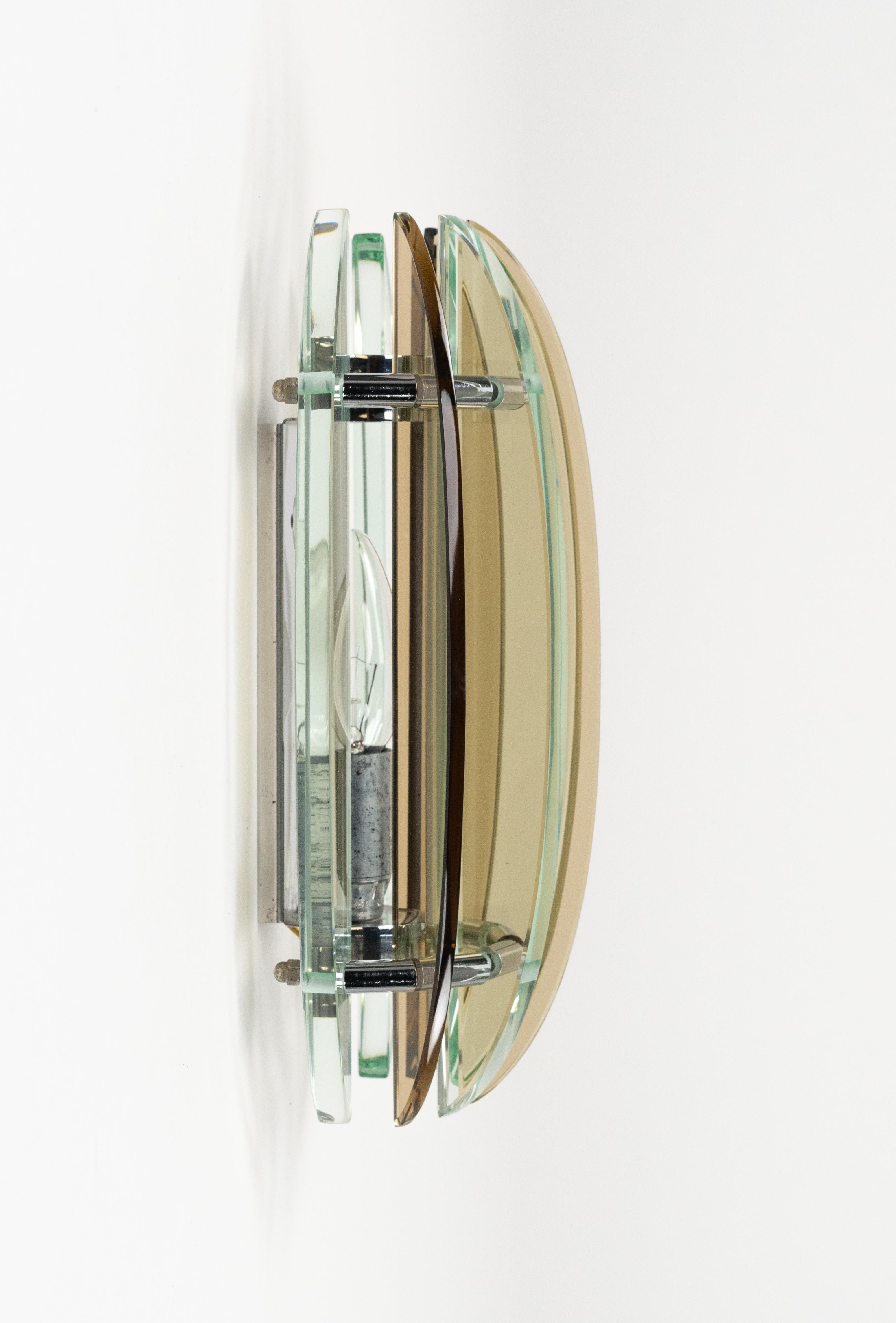 Midcentury Pair of Wall Sconces in Colored Glass & Chrome by Veca, Italy, 1970s In Good Condition In Rome, IT
