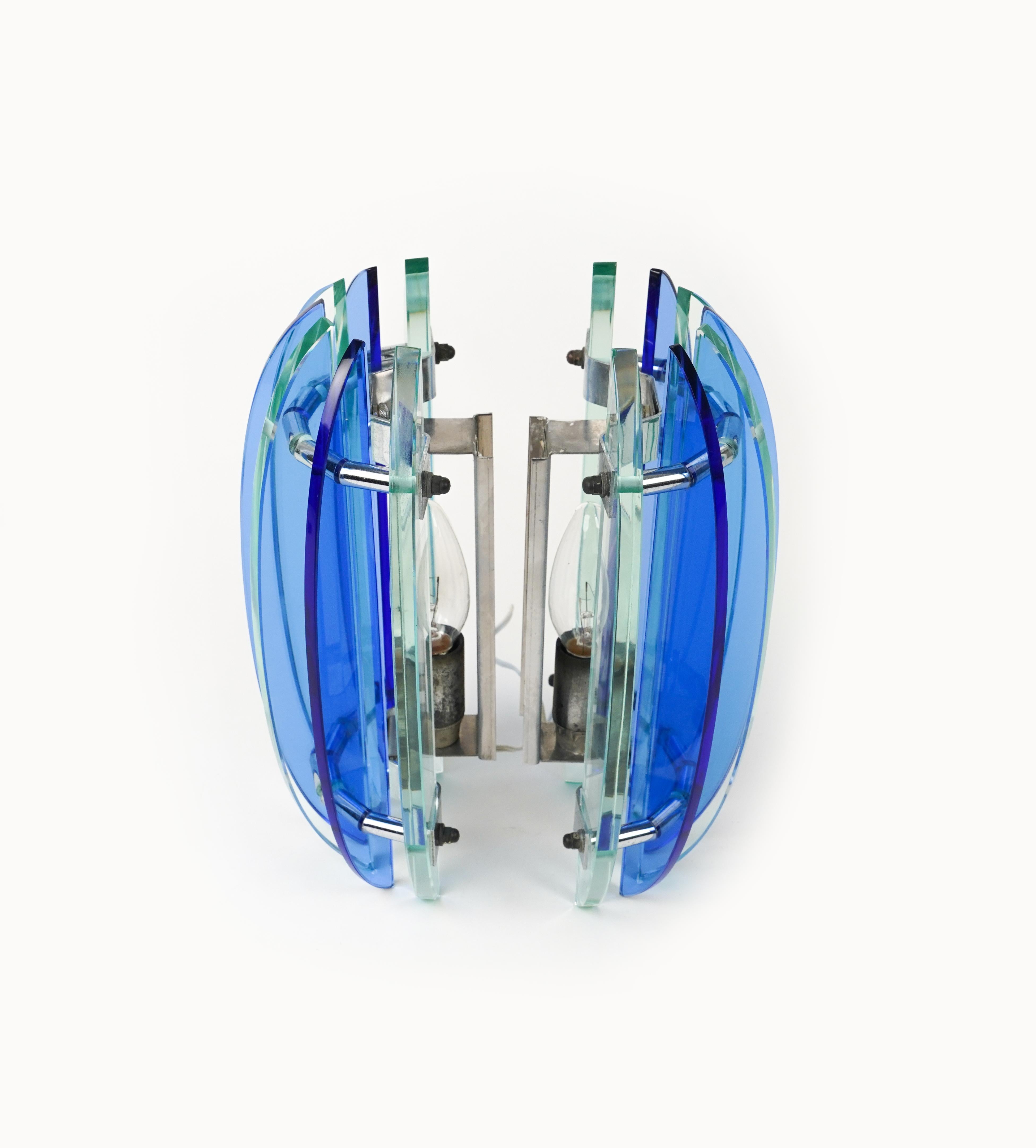 Late 20th Century Midcentury Pair of Wall Sconces in Colored Glass & Chrome by Veca, Italy, 1970s For Sale