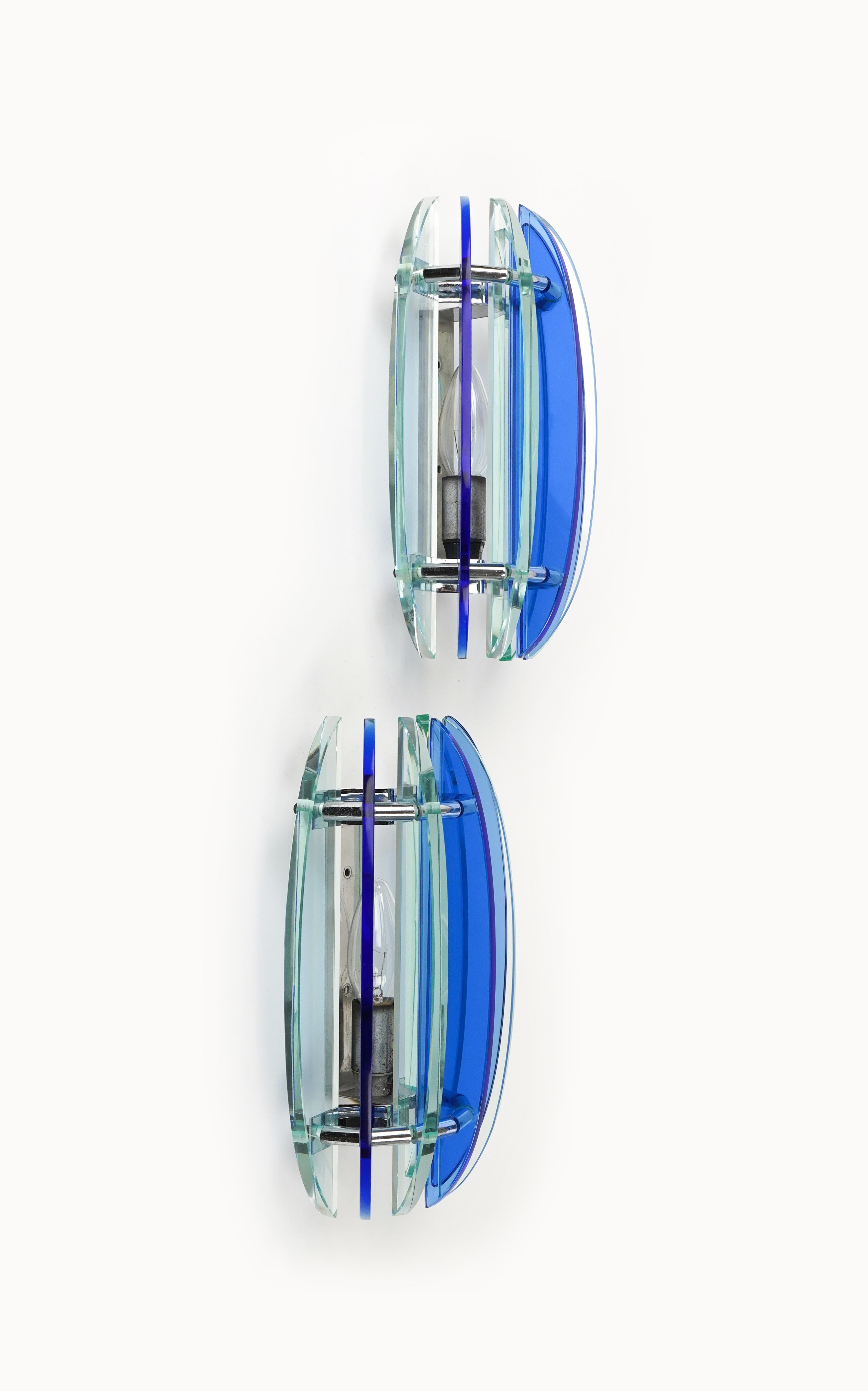 Metal Midcentury Pair of Wall Sconces in Colored Glass & Chrome by Veca, Italy, 1970s For Sale