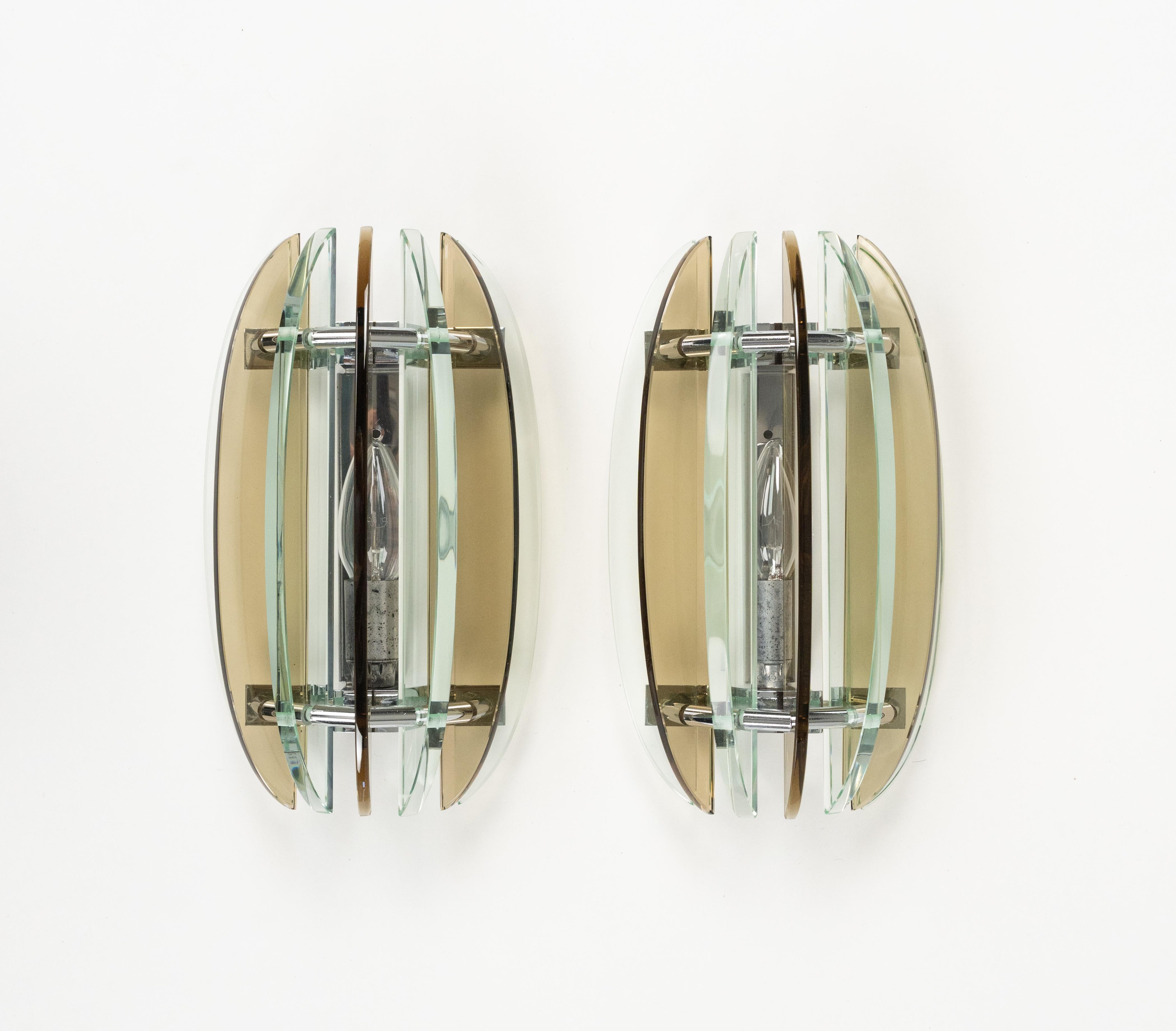 Metal Midcentury Pair of Wall Sconces in Colored Glass & Chrome by Veca, Italy, 1970s