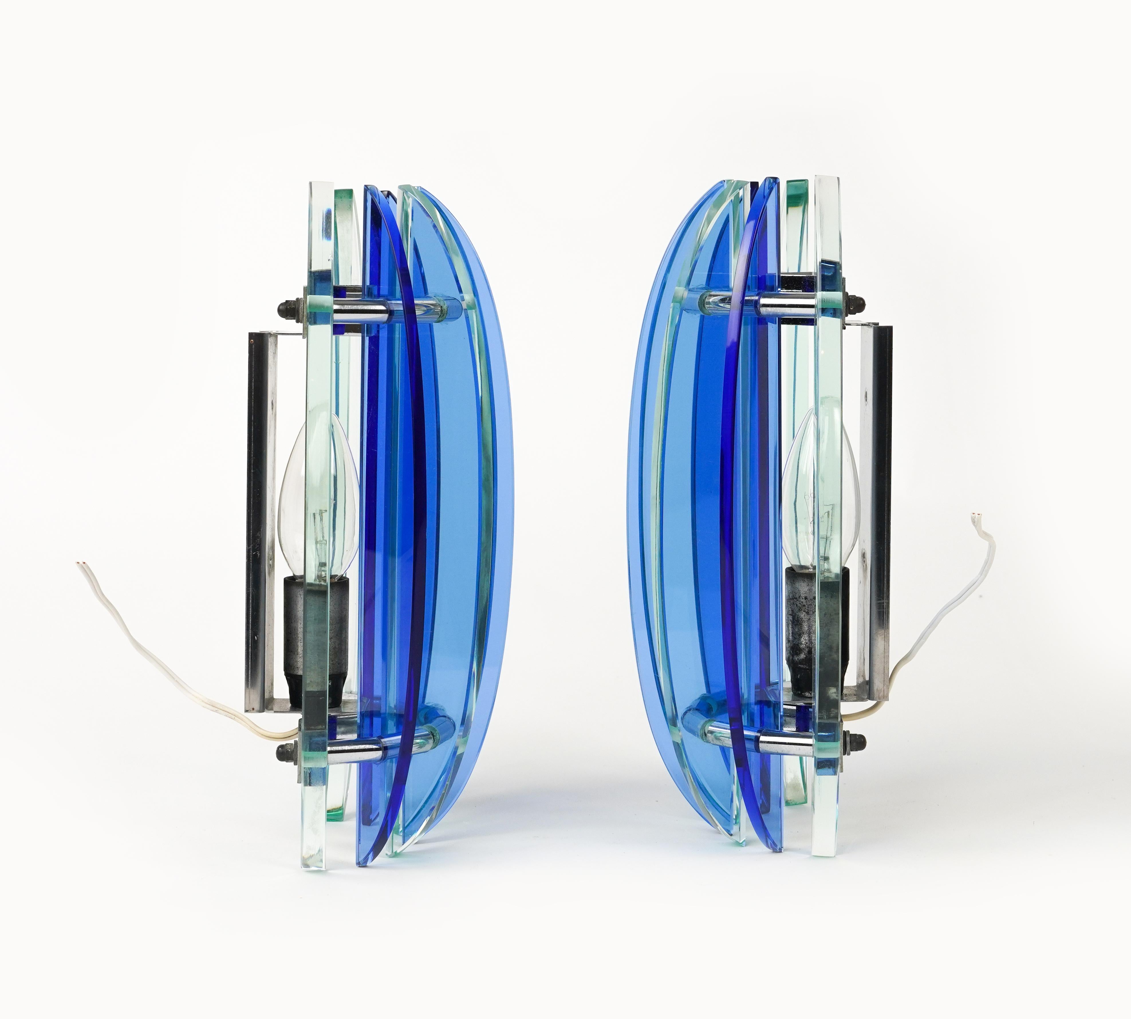Midcentury Pair of Wall Sconces in Colored Glass & Chrome by Veca, Italy, 1970s For Sale 1