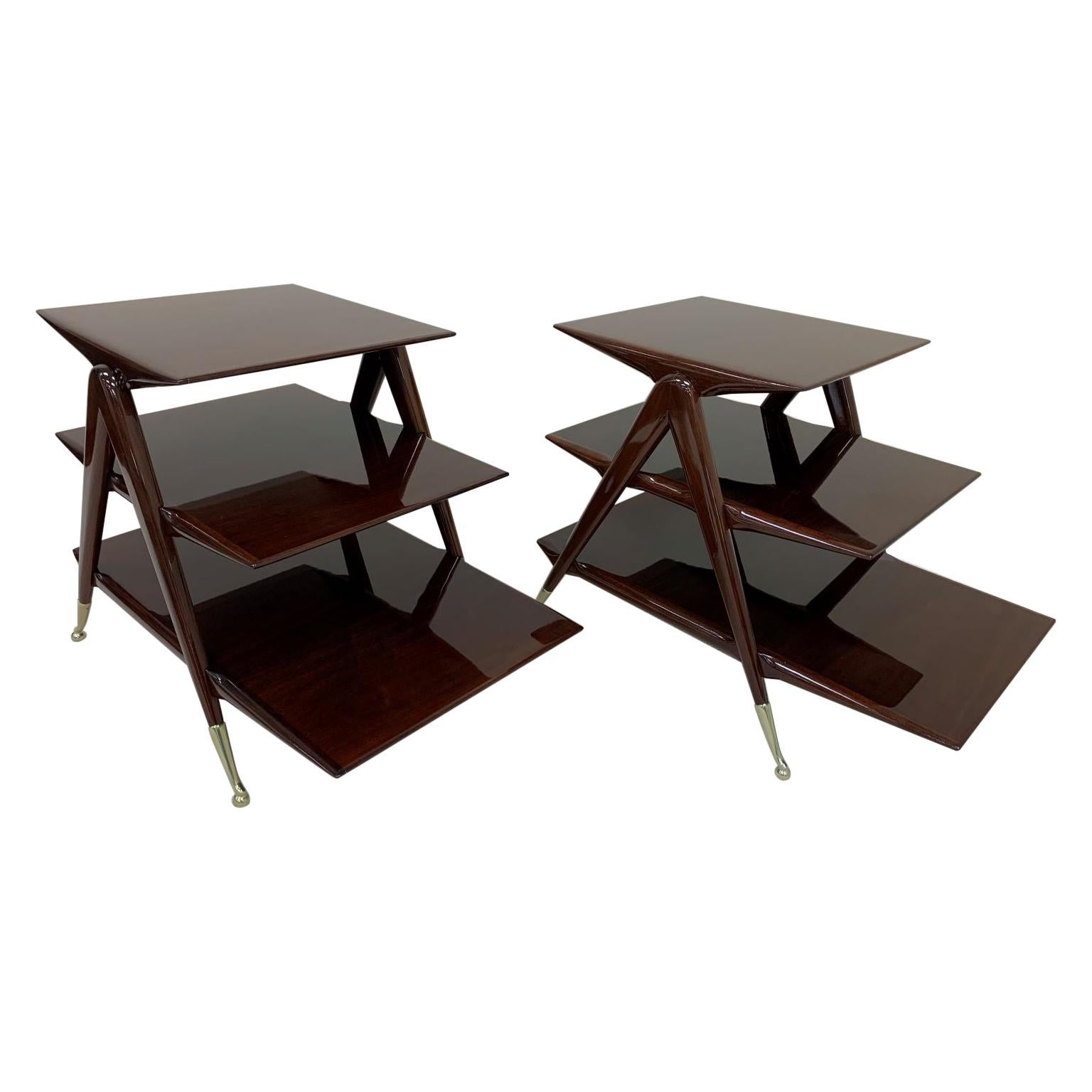 Mid Century Pair of Walnut and Brass Three-Tier Tables in the Style of Ico Paris