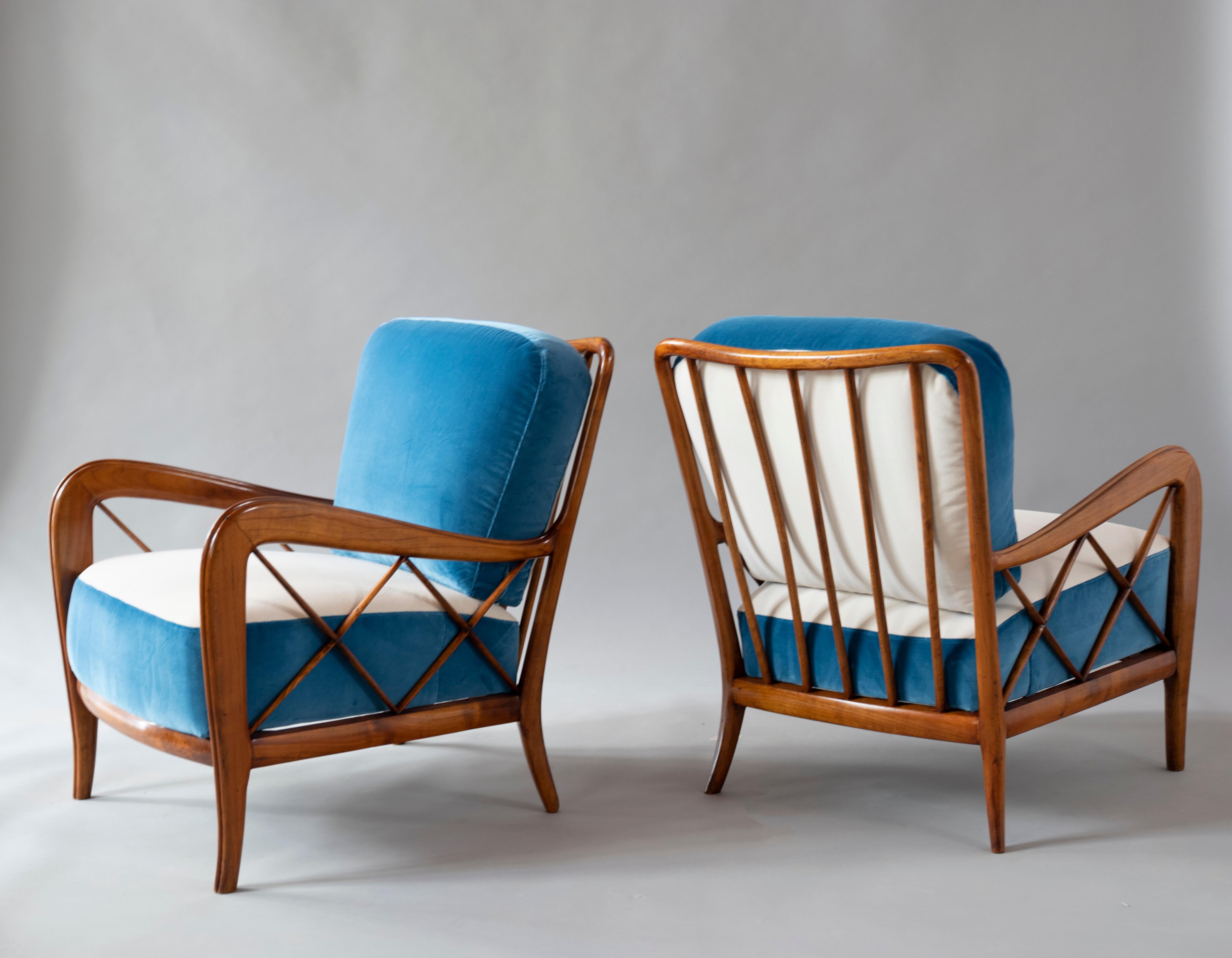 Pair of Paolo Buffa armchairs, Italy 1950s, frame in solid walnut reupholstered in Sahco Cuba velvet.