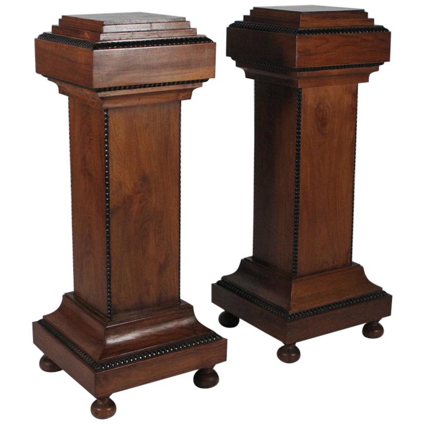 Midcentury Pair of Walnut Wood Pedestals with Ebonized Highlights