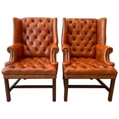 Midcentury Pair of Warm Terracotta Leather Library Chairs with Brass Nail Heads