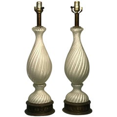 Midcentury Pair of White and Silver Swirled Murano Lamps