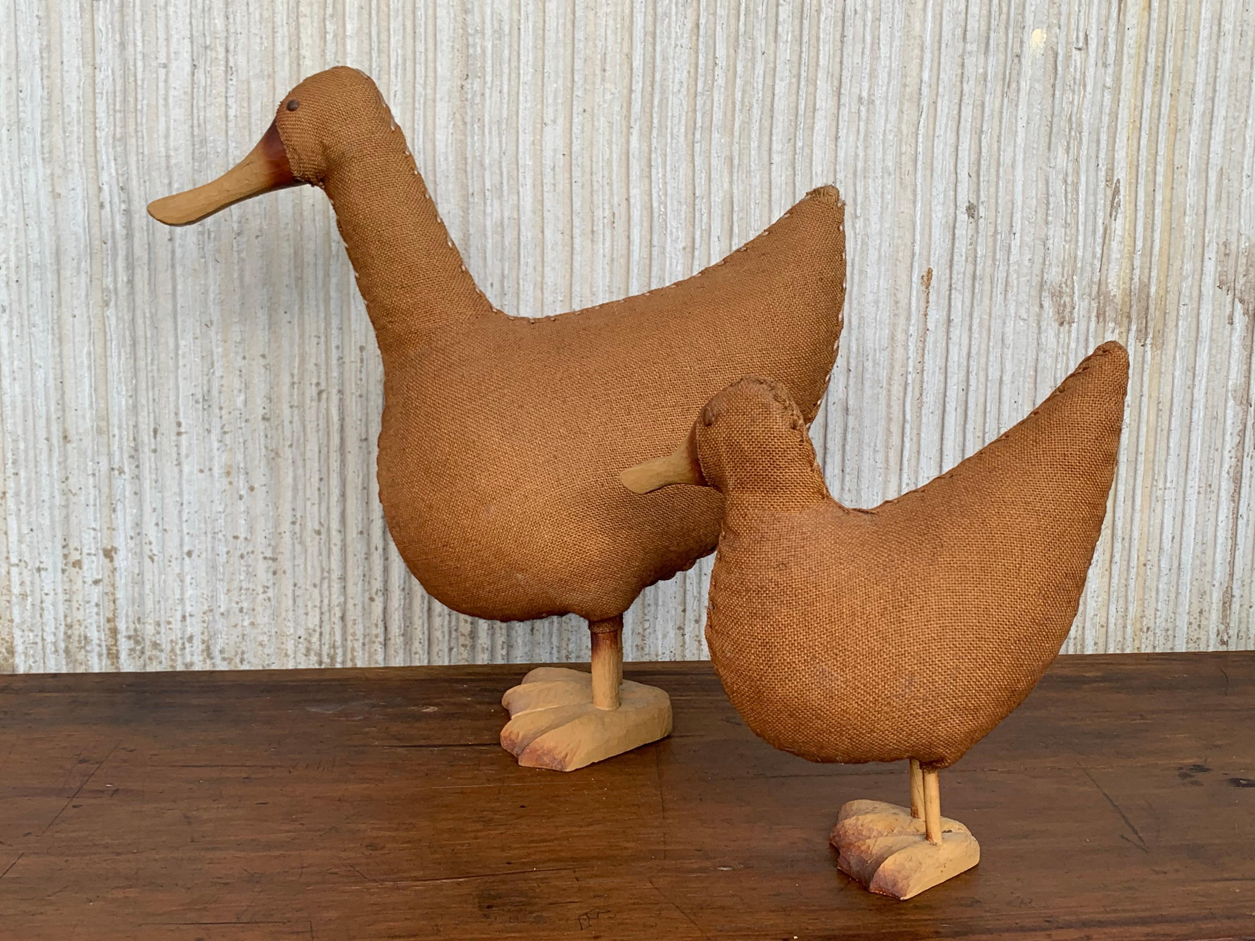 Spanish Midcentury Pair of Wicker Woven Ducks with Wood Details For Sale