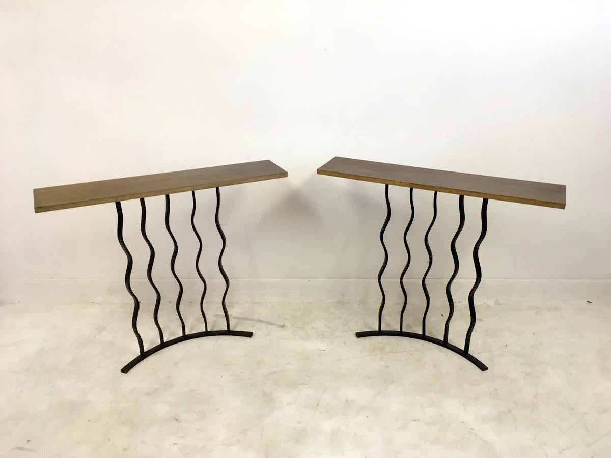 Art Deco Midcentury Pair of Wrought Iron Console Tables