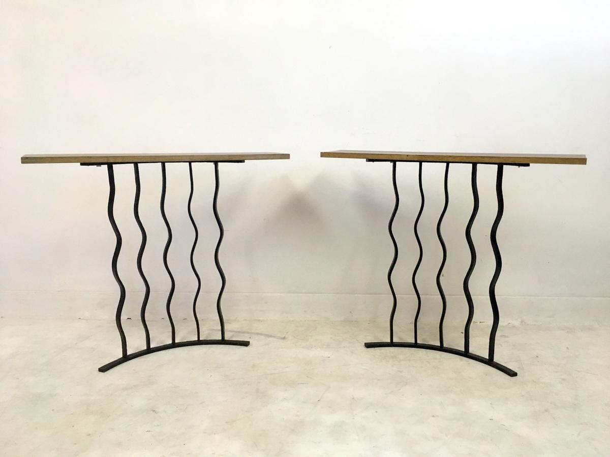 French Midcentury Pair of Wrought Iron Console Tables