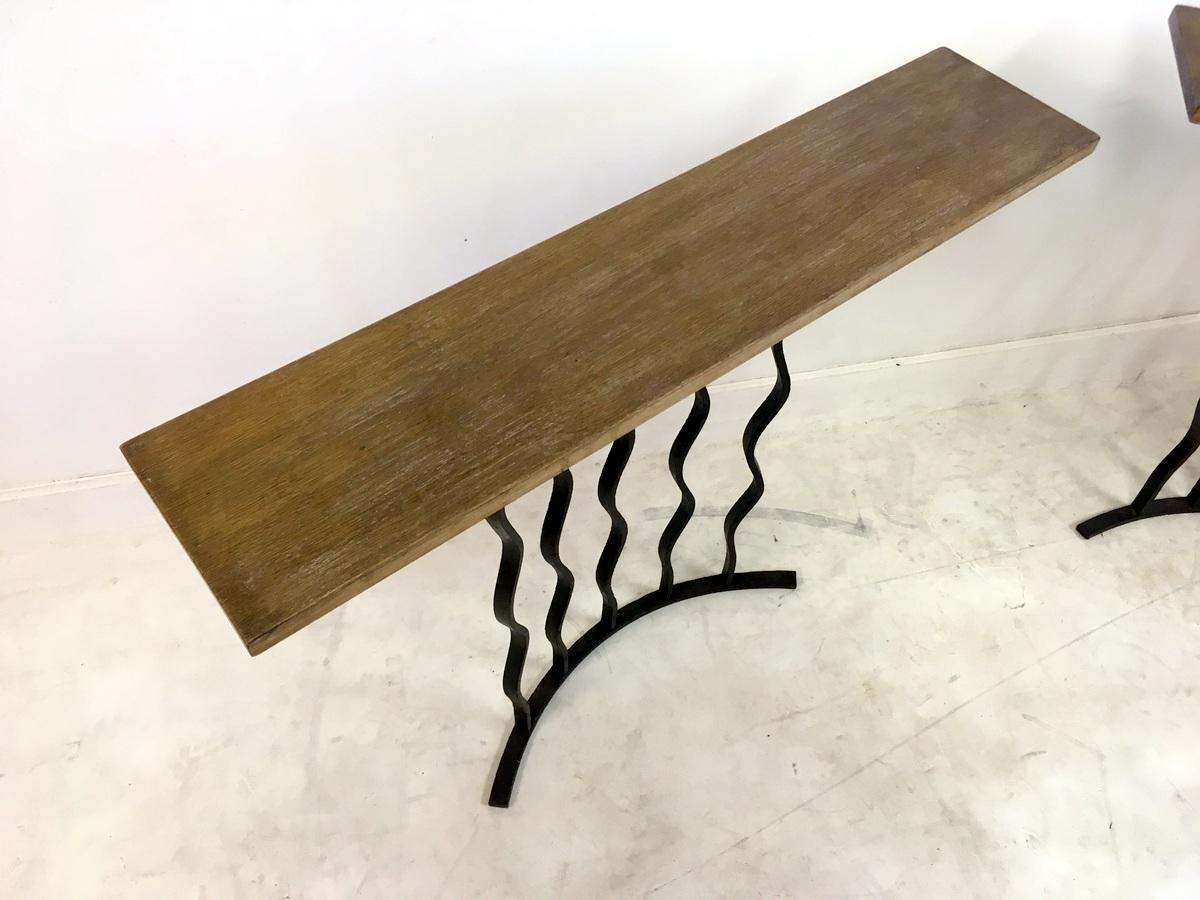 Limed Midcentury Pair of Wrought Iron Console Tables