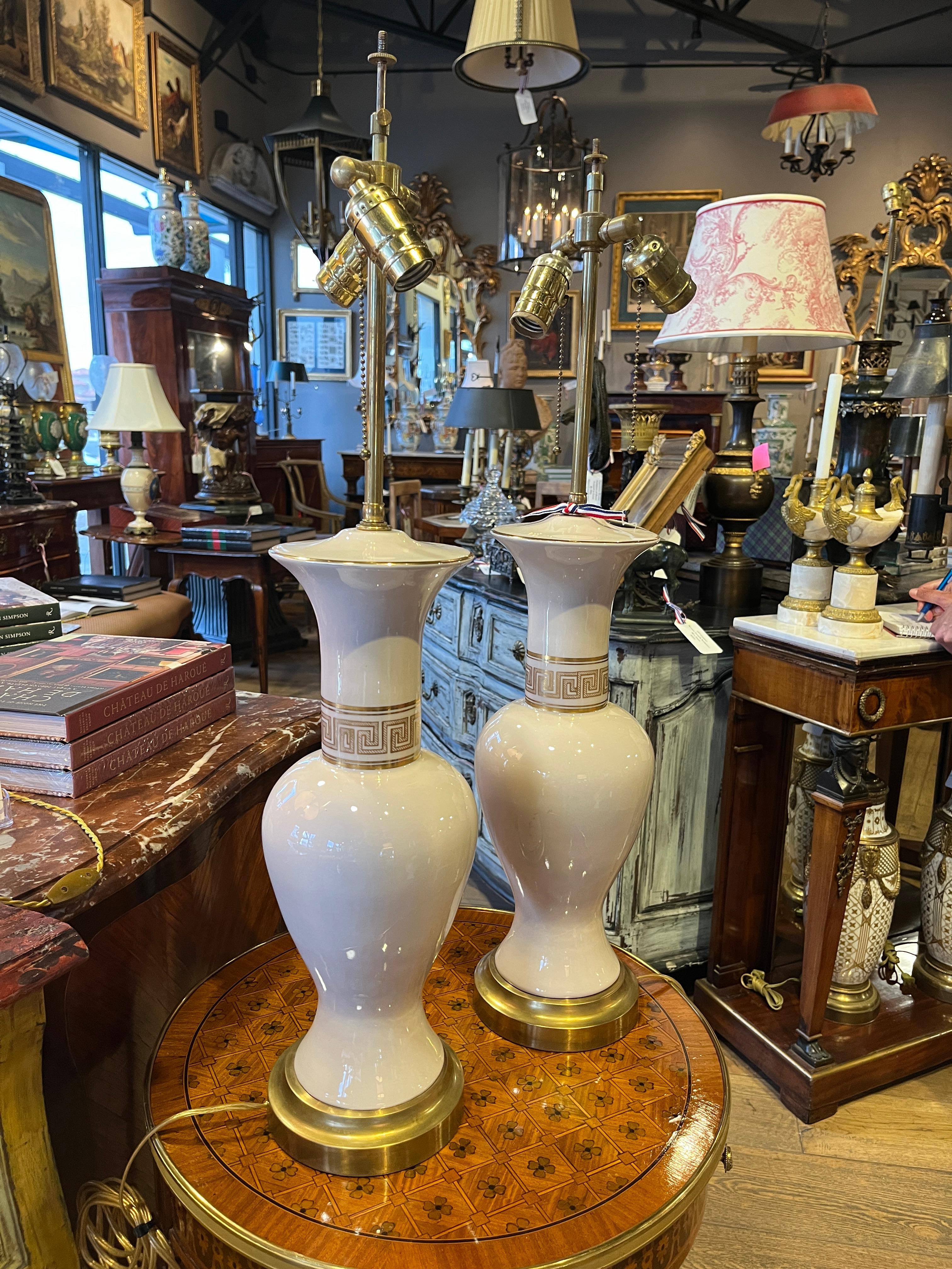 Pair Midcentury Porcelain Lamps with Greek Key Detail.   20th Century Lamps purchased in France.  Very handsome set.  Shades not included.  tested and working.  In great condition...See detailed photos. 