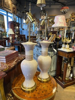 Pair Midcentury Porcelain Lamps with Greek Key Detail
