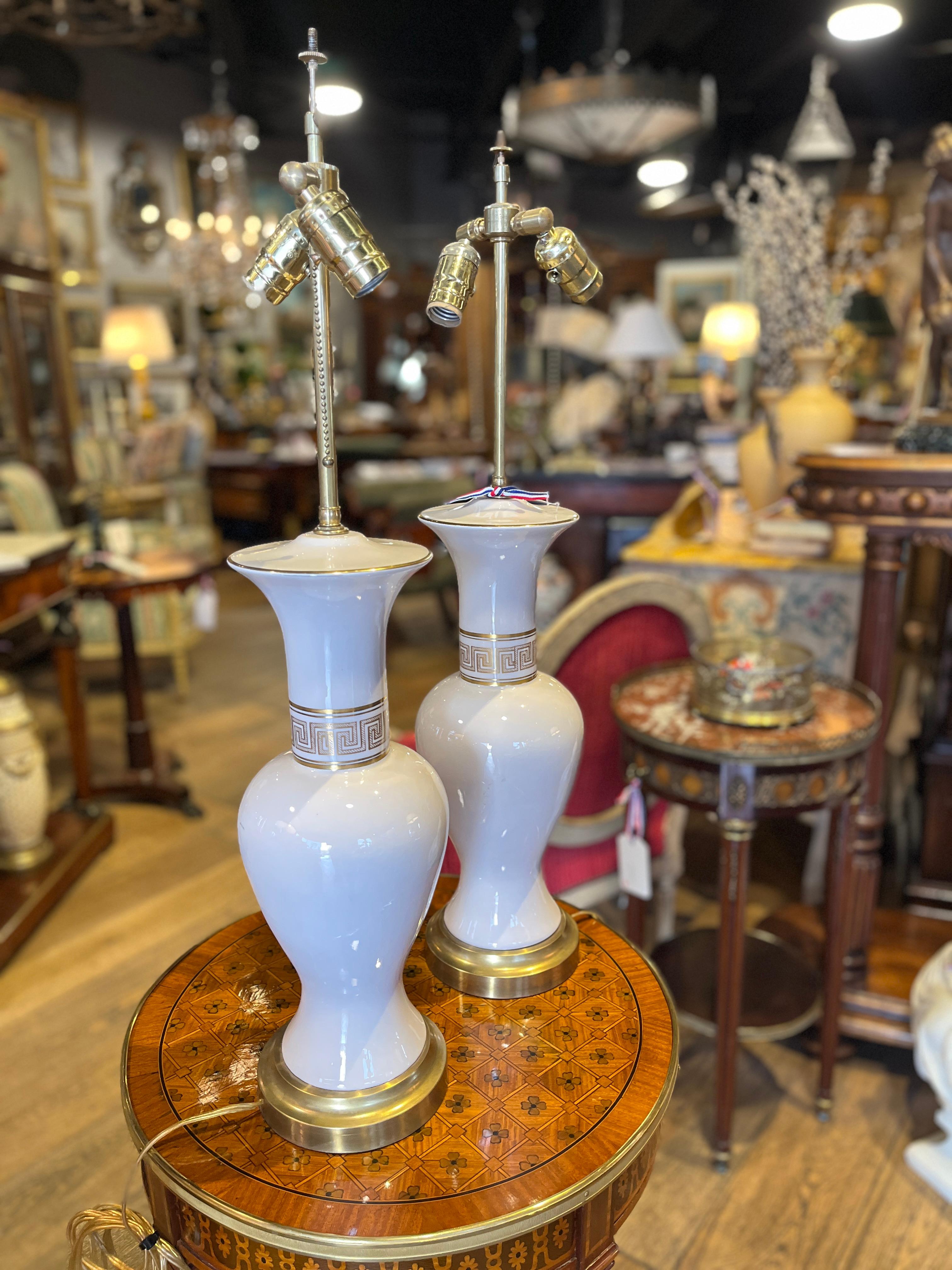 Mid-Century Modern Pair Midcentury Porcelain Lamps with Greek Key Detail For Sale