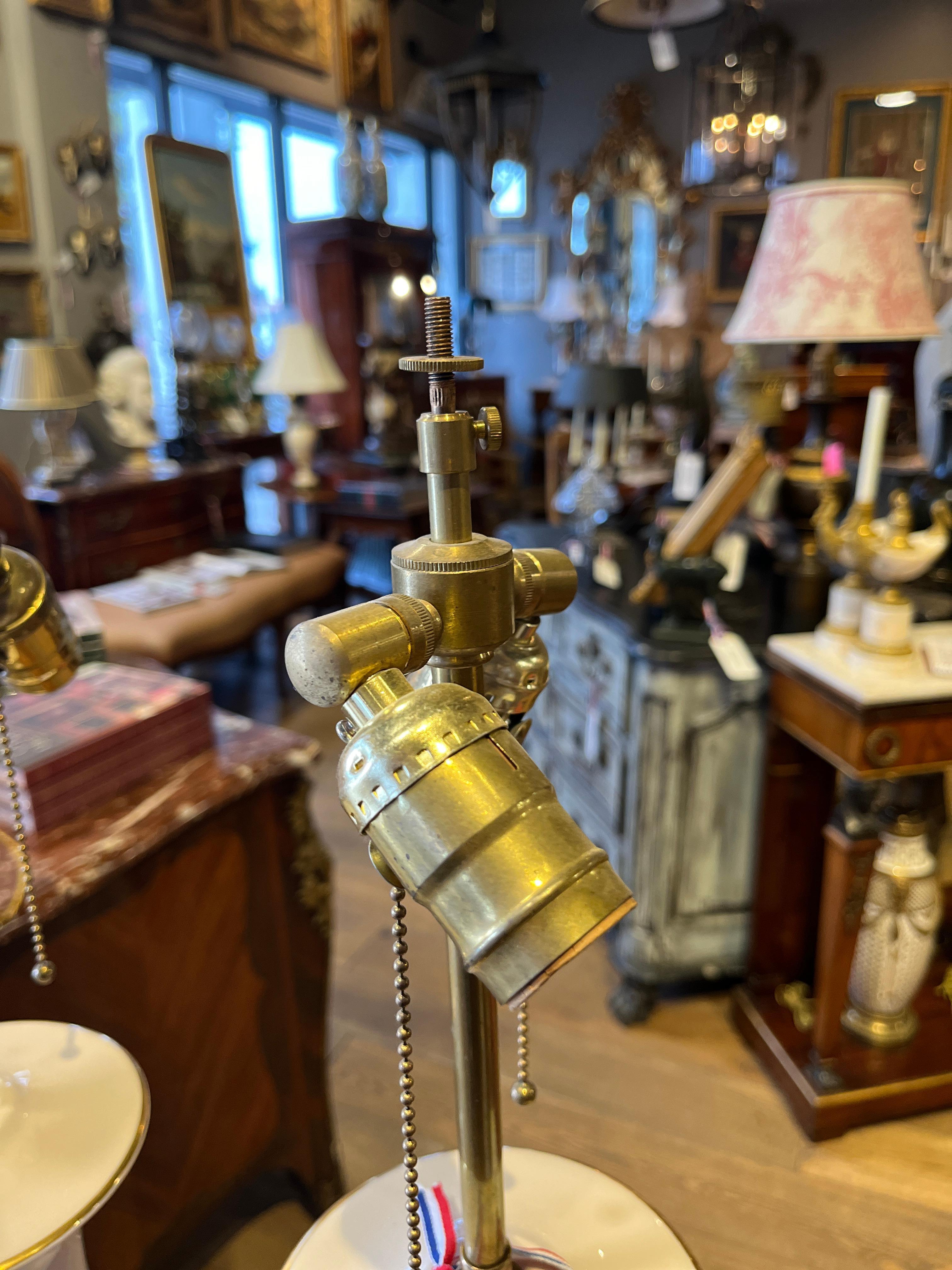 French Pair Midcentury Porcelain Lamps with Greek Key Detail For Sale