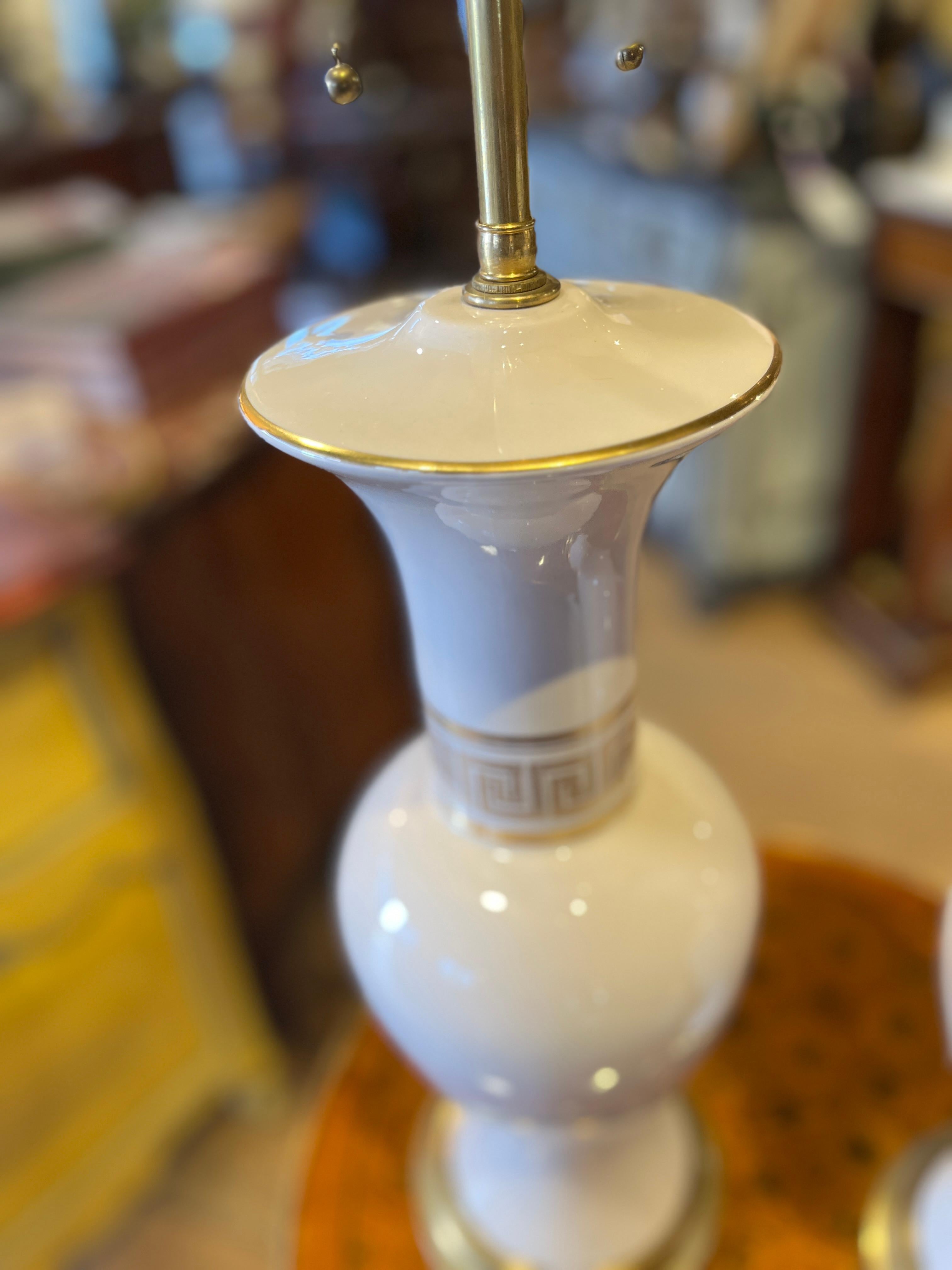 Pair Midcentury Porcelain Lamps with Greek Key Detail In Good Condition For Sale In Scottsdale, AZ