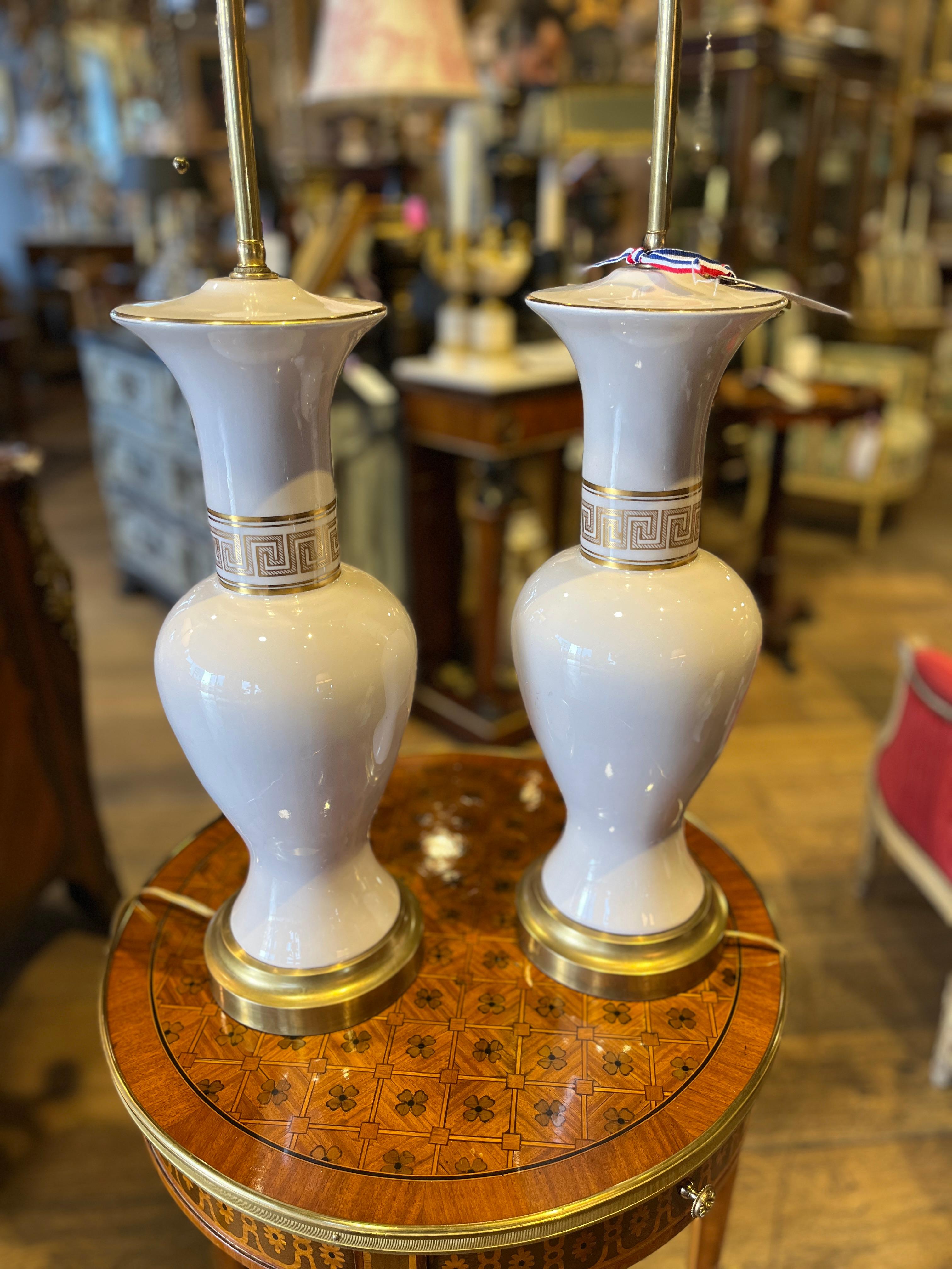 Pair Midcentury Porcelain Lamps with Greek Key Detail For Sale 1