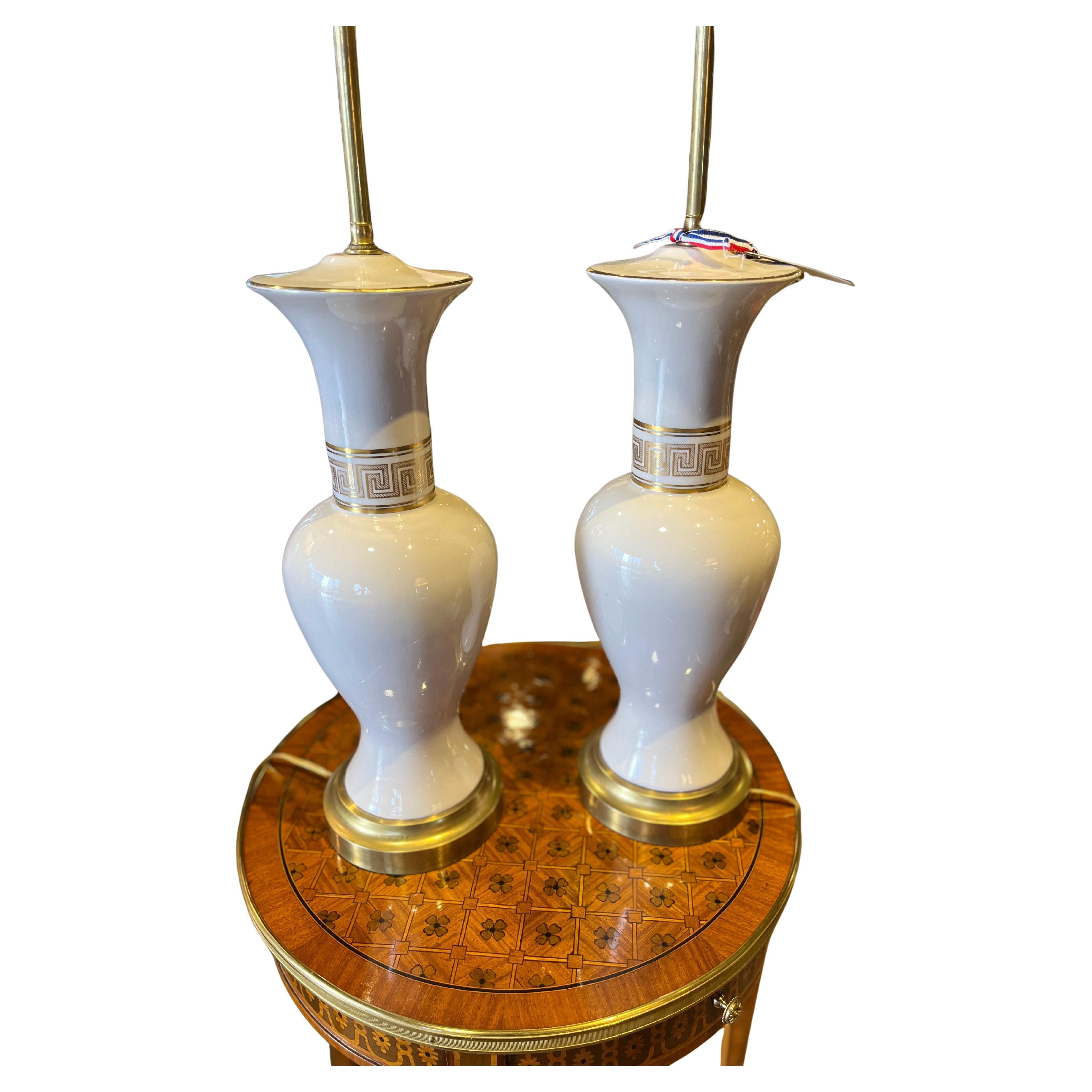 Pair Midcentury Porcelain Lamps with Greek Key Detail For Sale