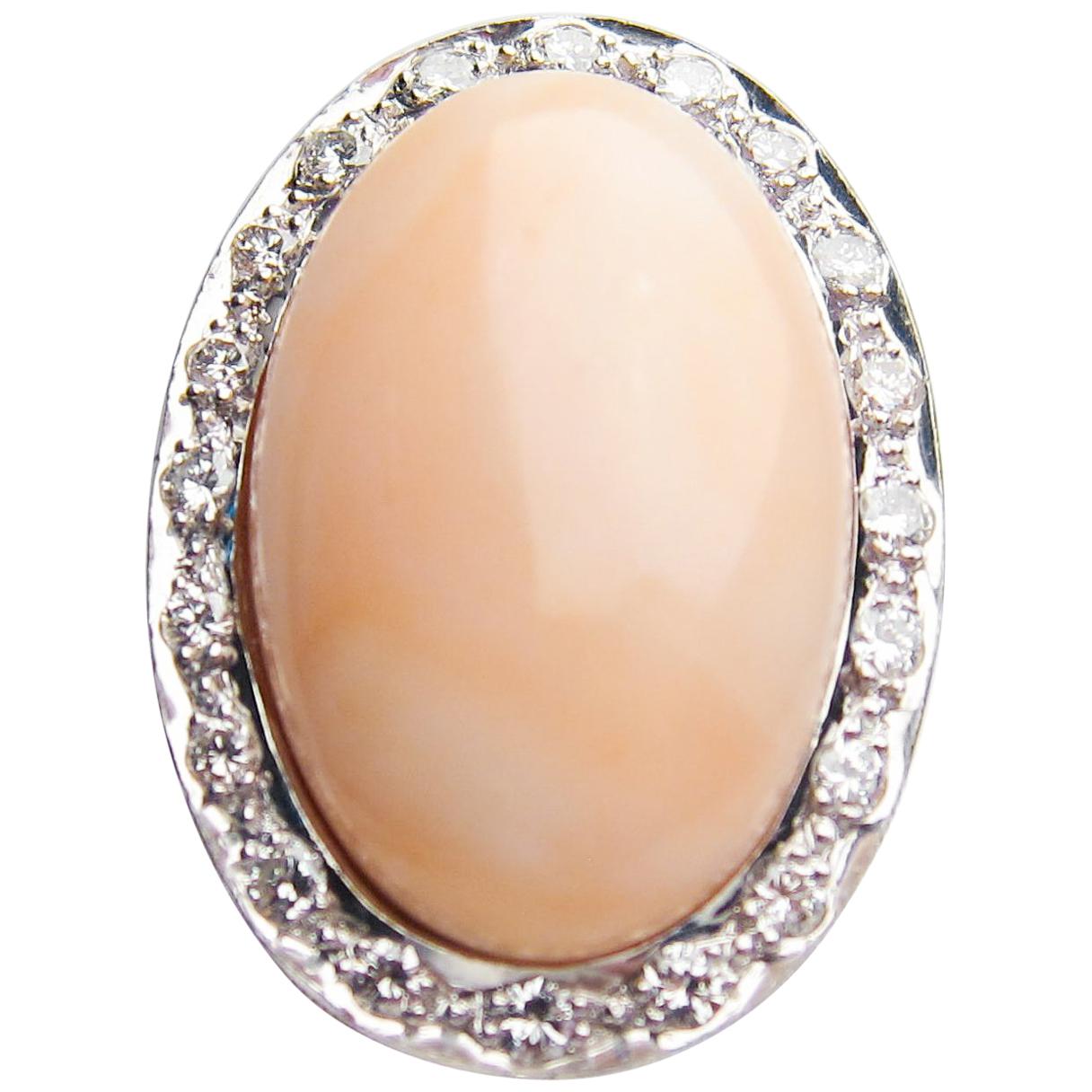 Midcentury Palladium Diamond and 17.3 Carat Coral Cabochon Cocktail Ring For Sale