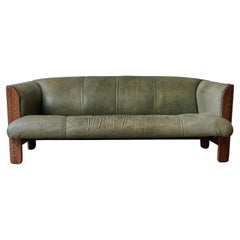 Vintage Midcentury Palmwood Sofa with Original Textured Green Leather Upholstery