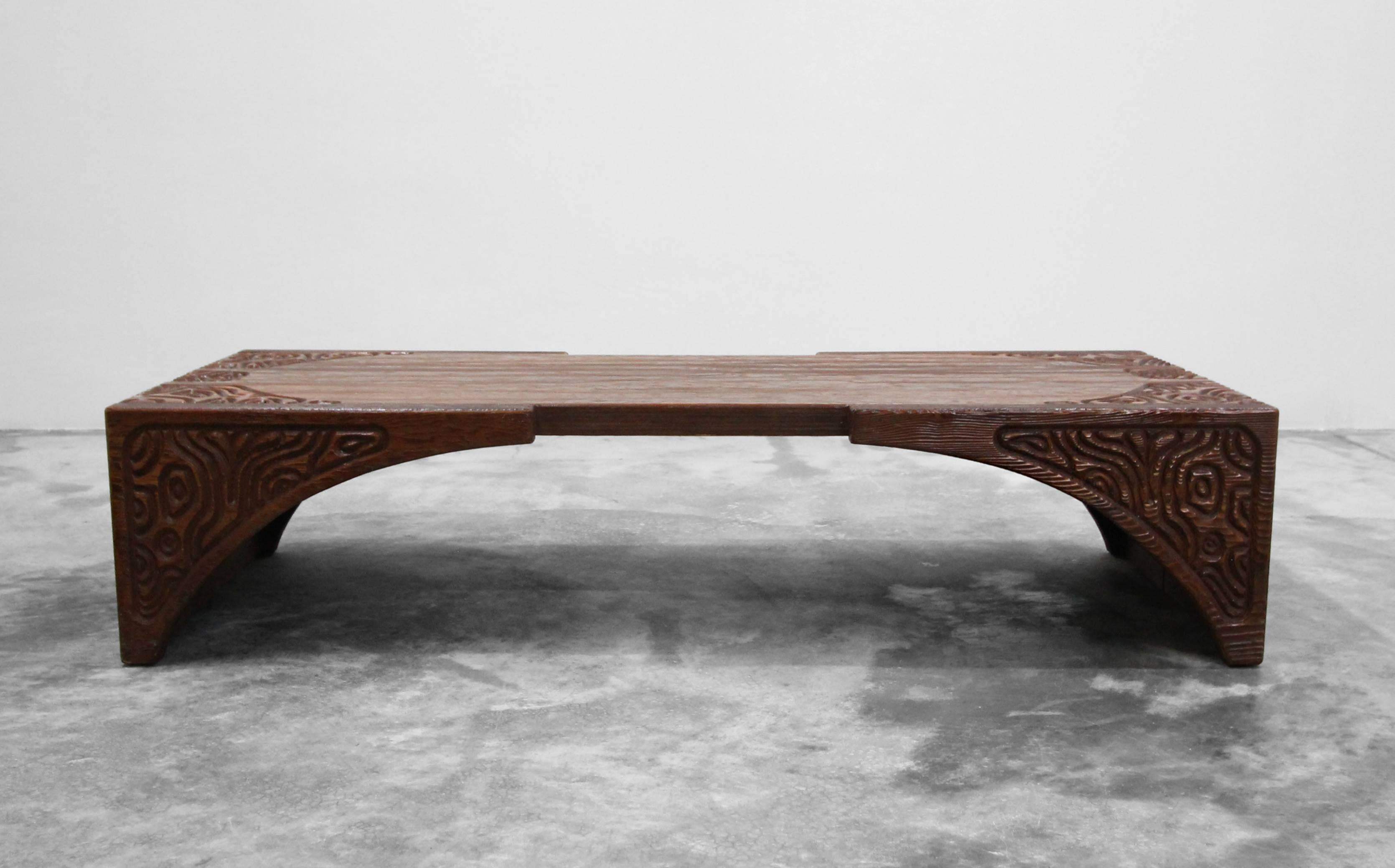 Mid-Century Modern Midcentury Panelcarve Style Carved Wood Coffee Table by Sherrill Broudy