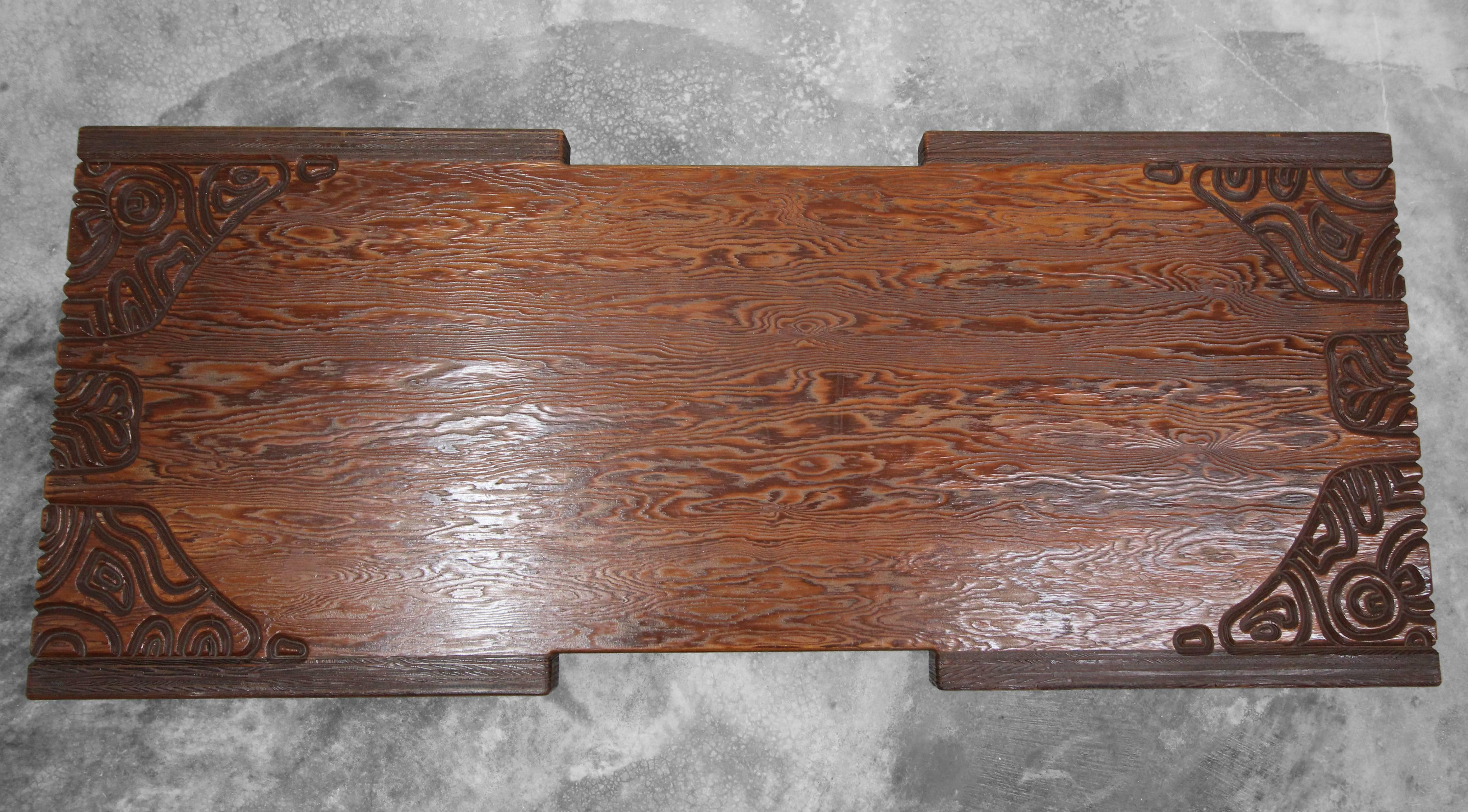 Hand-Carved Midcentury Panelcarve Style Carved Wood Coffee Table by Sherrill Broudy