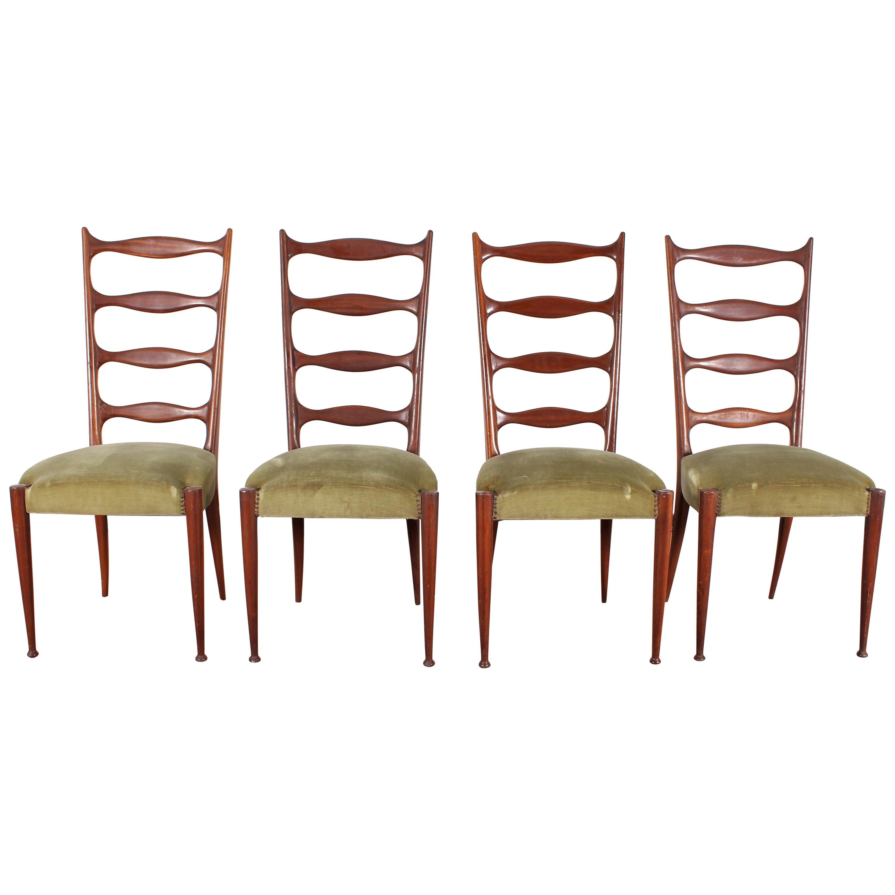Midcentury Paolo Buffa Style High Espalier Dining Chairs, Set of 4, 1950s, Italy