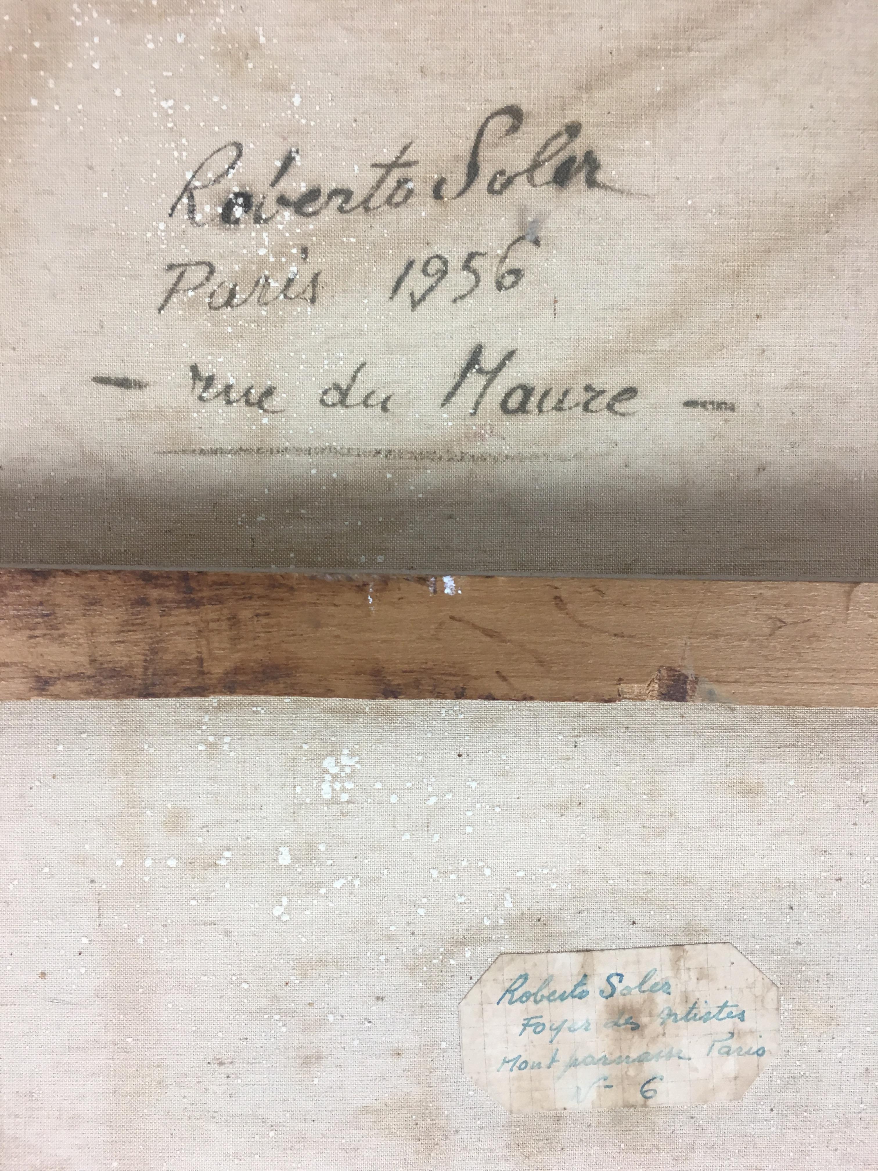 Français Huile sur toile - Scène de rue de Paris du milieu du siècle dernier, signée Robert Soler, vers 1955 en vente