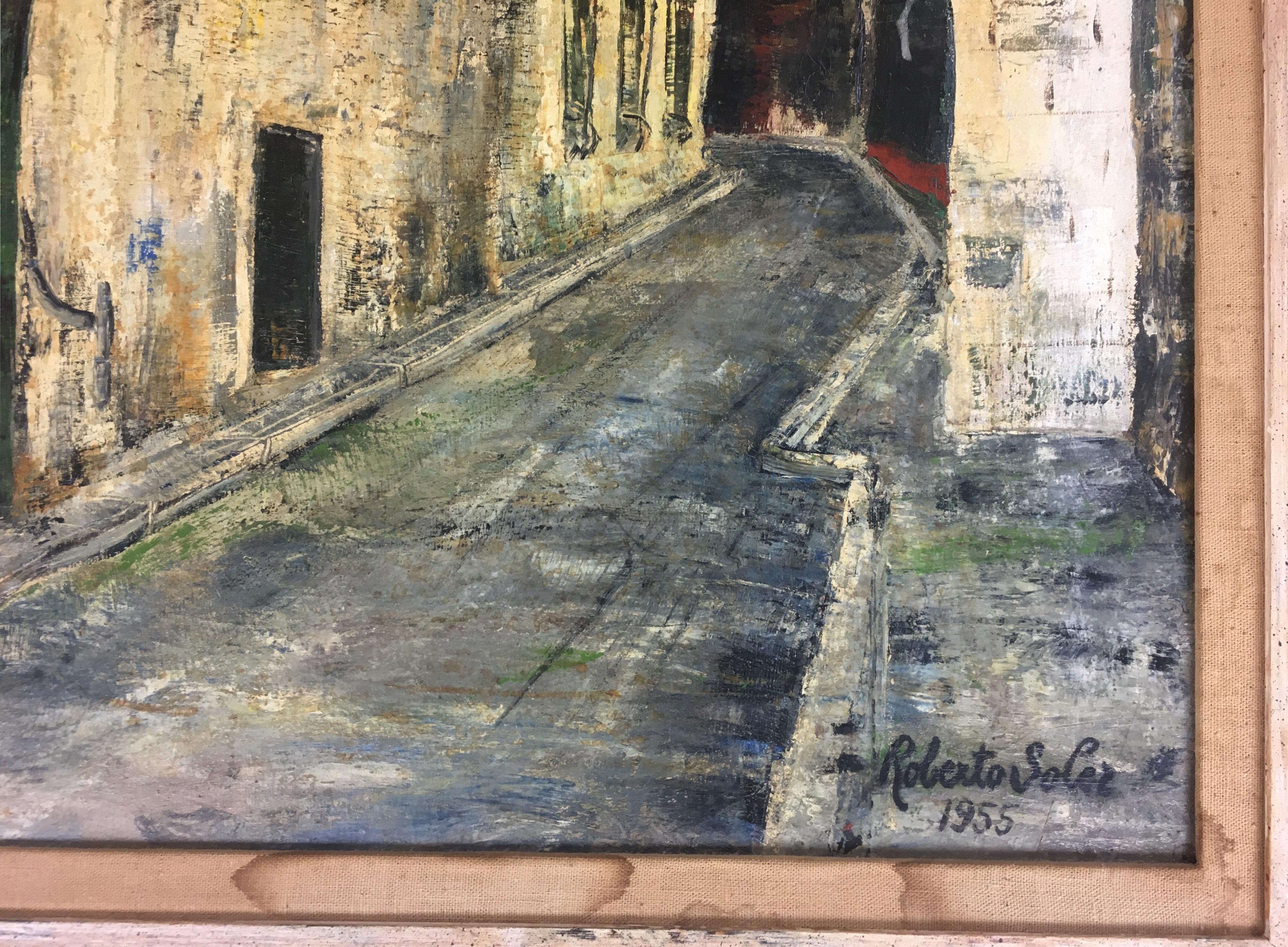 Huile sur toile - Scène de rue de Paris du milieu du siècle dernier, signée Robert Soler, vers 1955 Bon état - En vente à Miami, FL