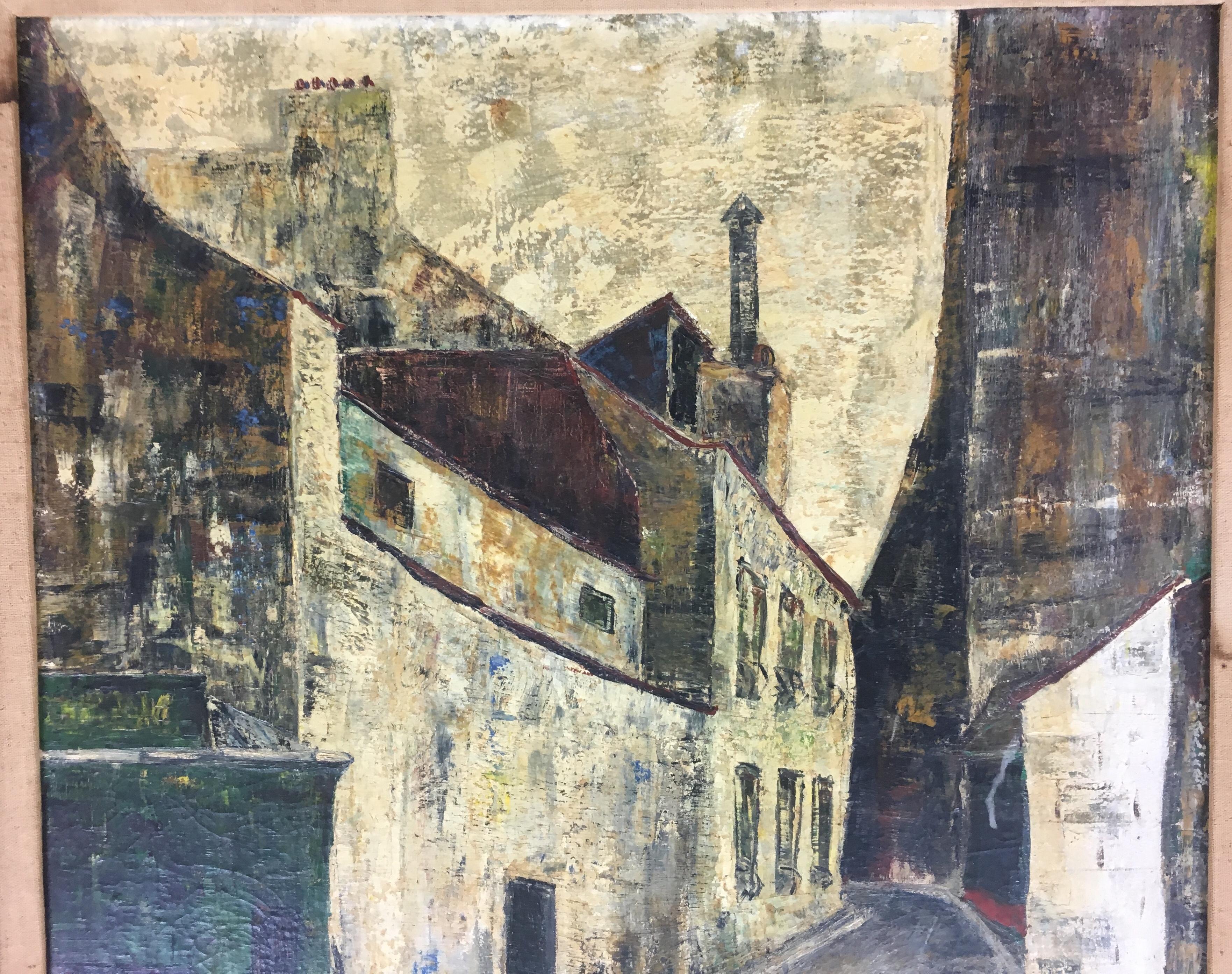 20ième siècle Huile sur toile - Scène de rue de Paris du milieu du siècle dernier, signée Robert Soler, vers 1955 en vente