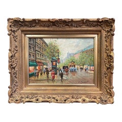 Midcentury Parisian Street Oil Painting in Carved Gilt Frame Signed a. Marchall