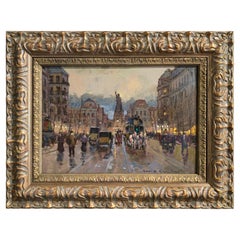 Midcentury Parisian Street Oil Painting in Gilt Frame Signed R. de Chatelenne