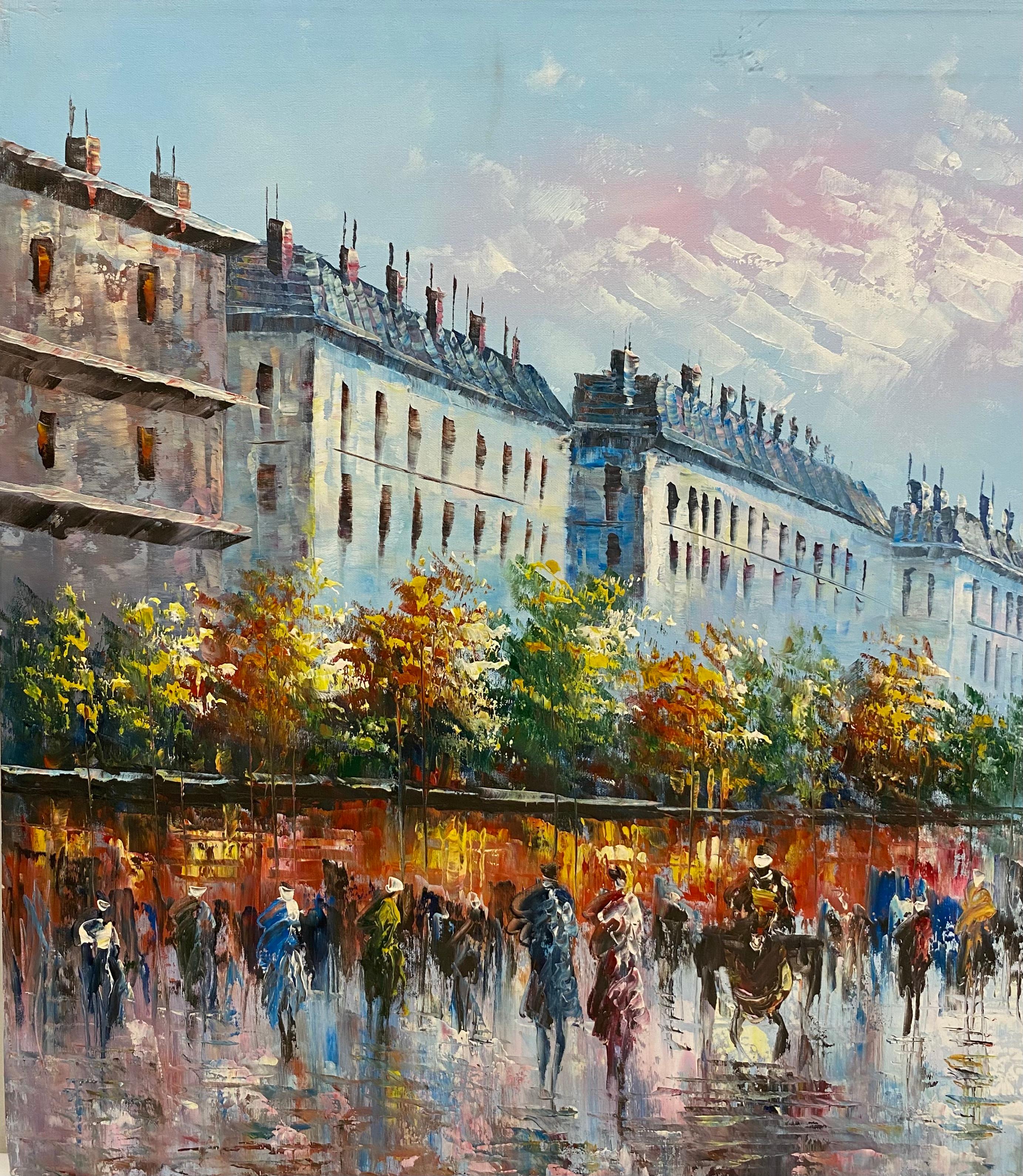 A beautiful oil on canvas painting of a street scene in Paris, France. This painting perfectly depicts life in the 