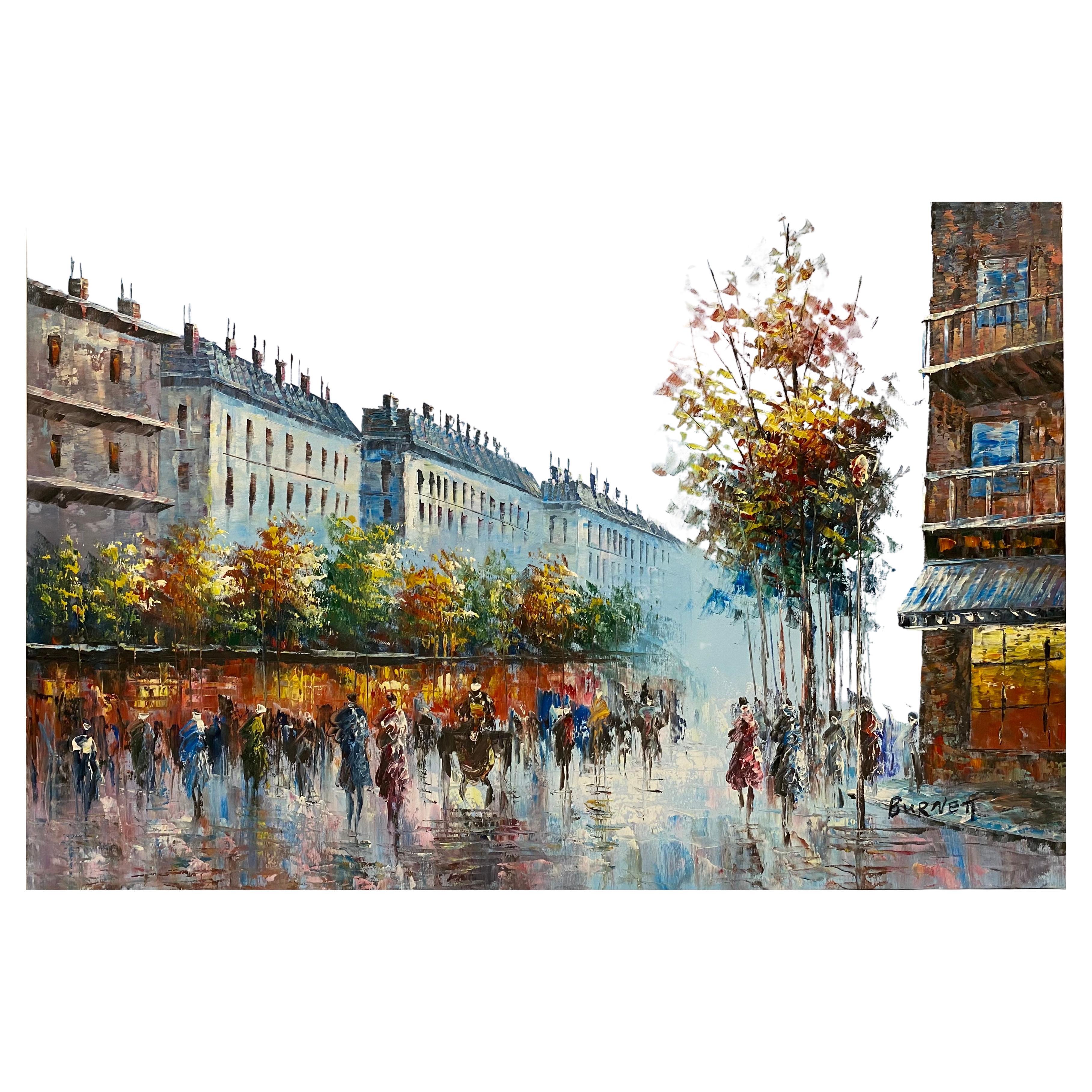 Paris France Street Scene Oil on Canvas Painting Signed Burnett