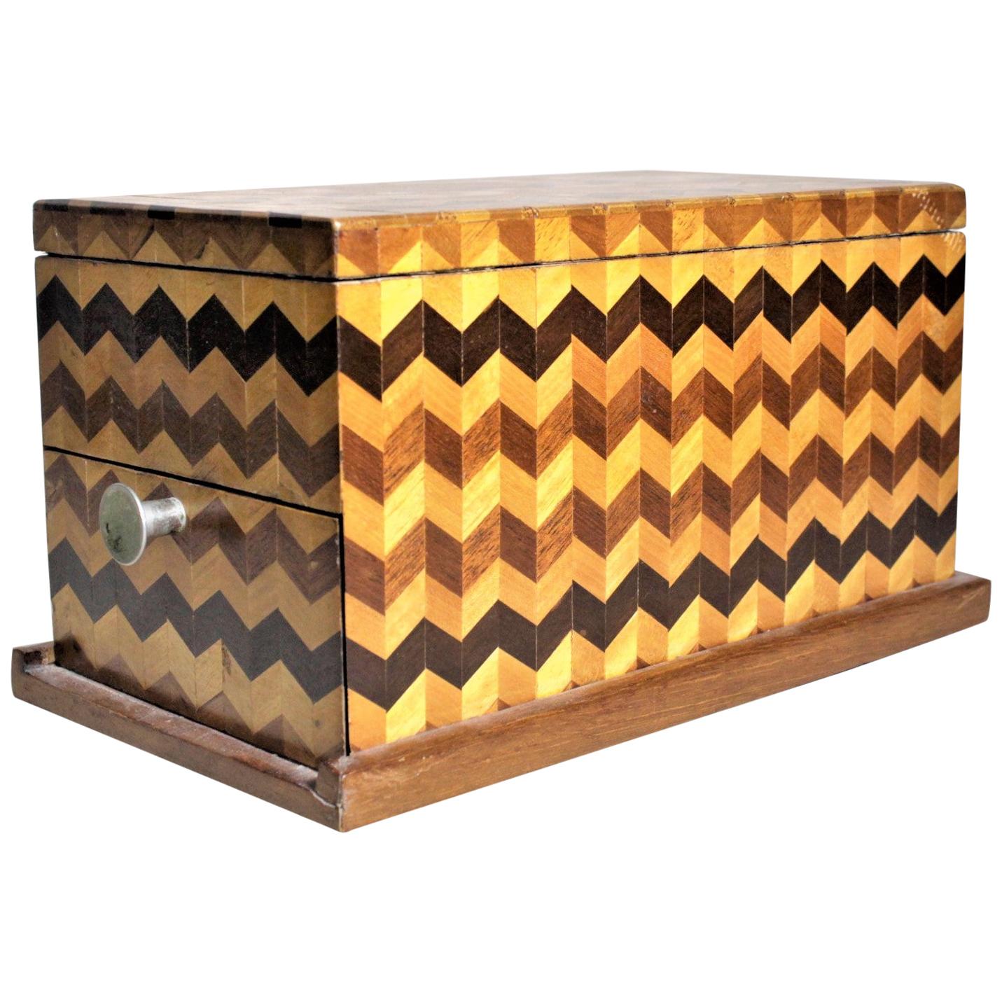 Mid-Century Parquetry Decorative Jewelry Box with Side Drawer and Mirror For Sale