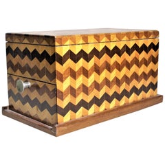 Mid-Century Parquetry Decorative Jewelry Box with Side Drawer and Mirror