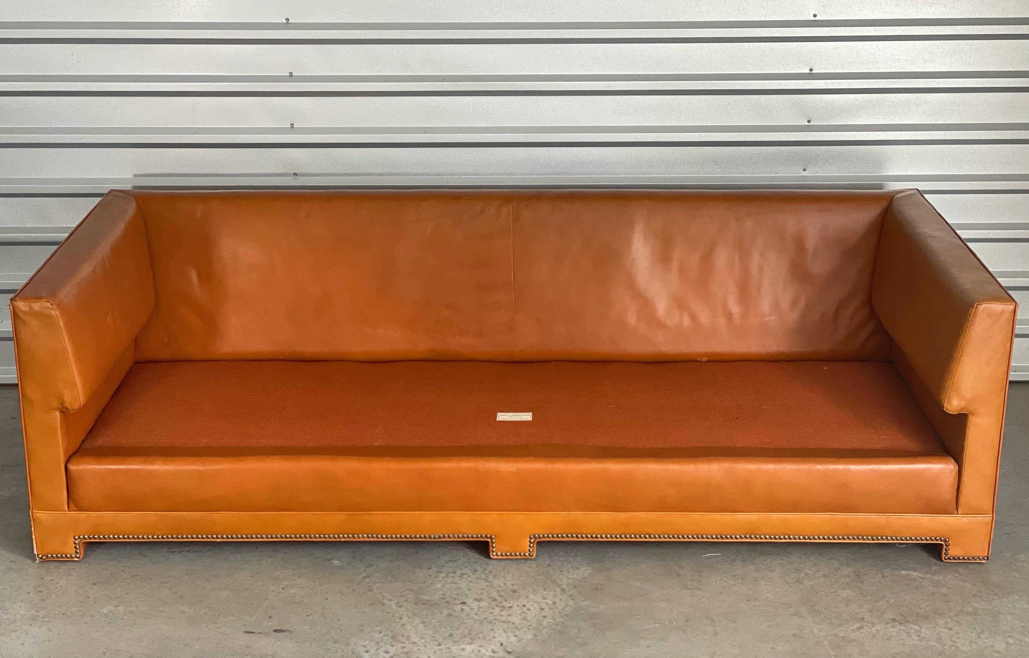 Midcentury Parsons Sofa by John Widdicomb in Original Cognac Leather and Down 4